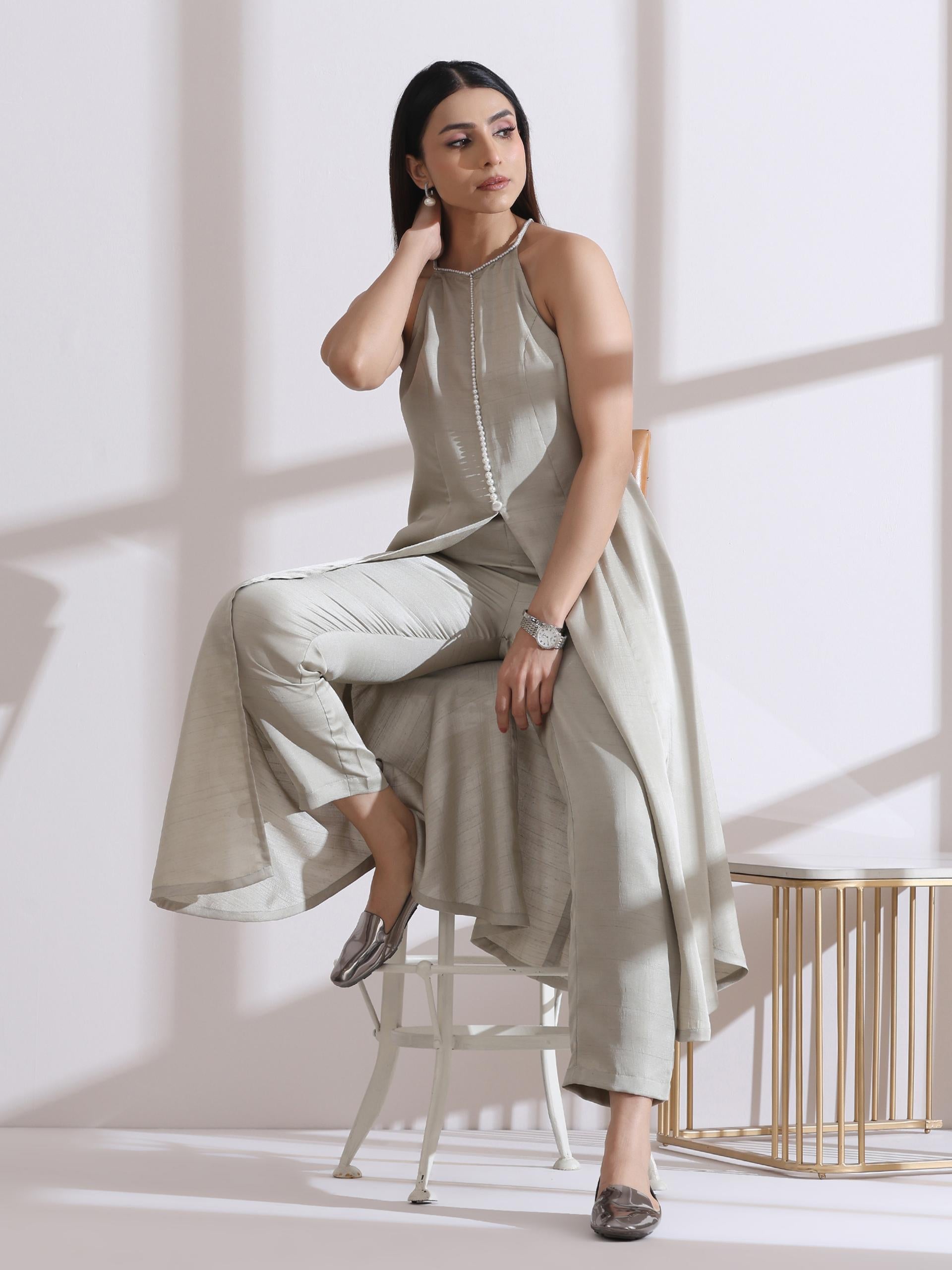 2 Pc Set - Prf'T Lux Sage Pearl Halter Kurta With Pants