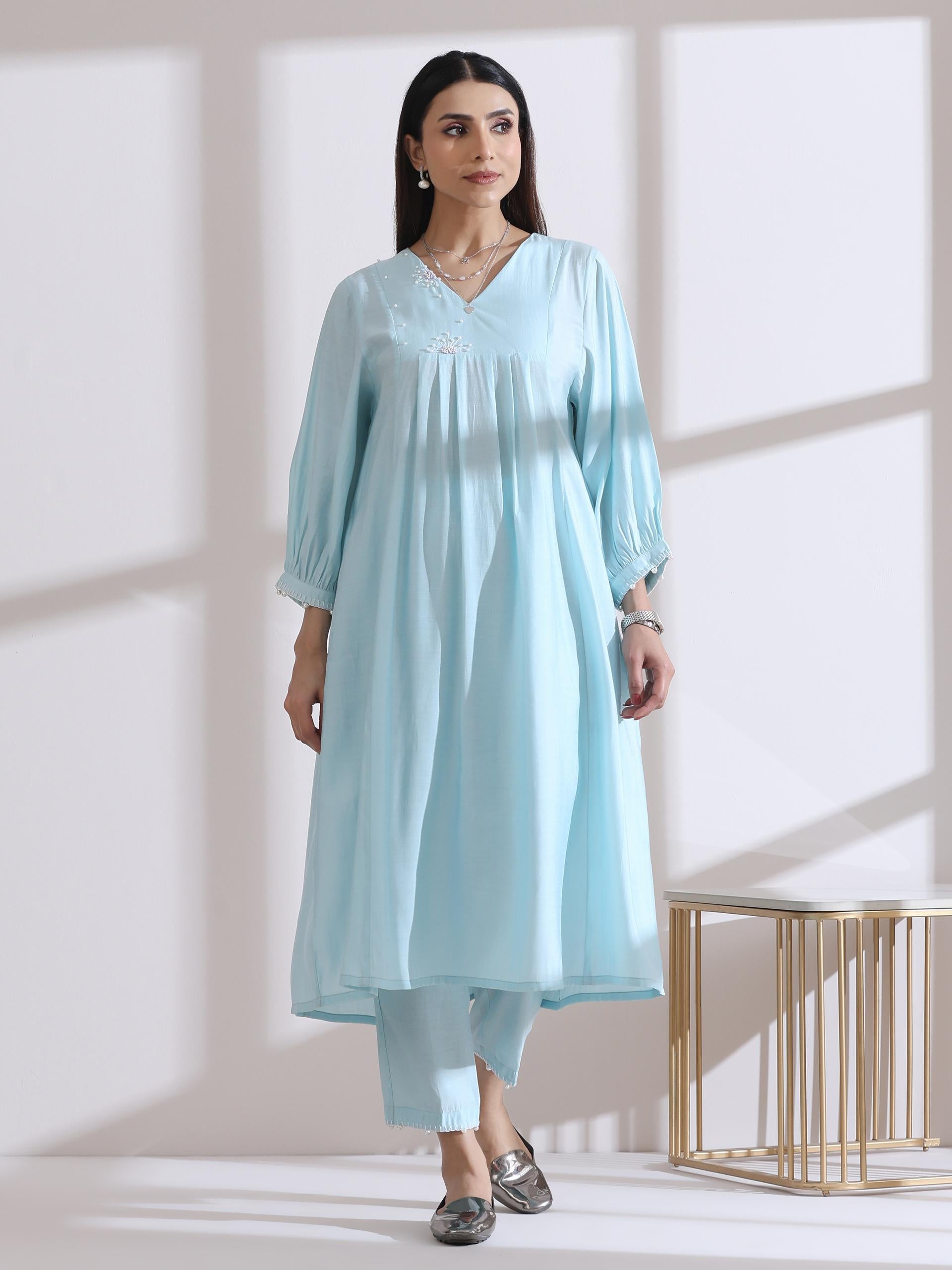 Women's Light Blue Kurta with Handstitched Pearls on Front and Back with Pants 2 Piece Set | A-Line, V Neck, 3/4 Sleeves, Workwear, Casual (AirSkin Cotton Silk Blend)