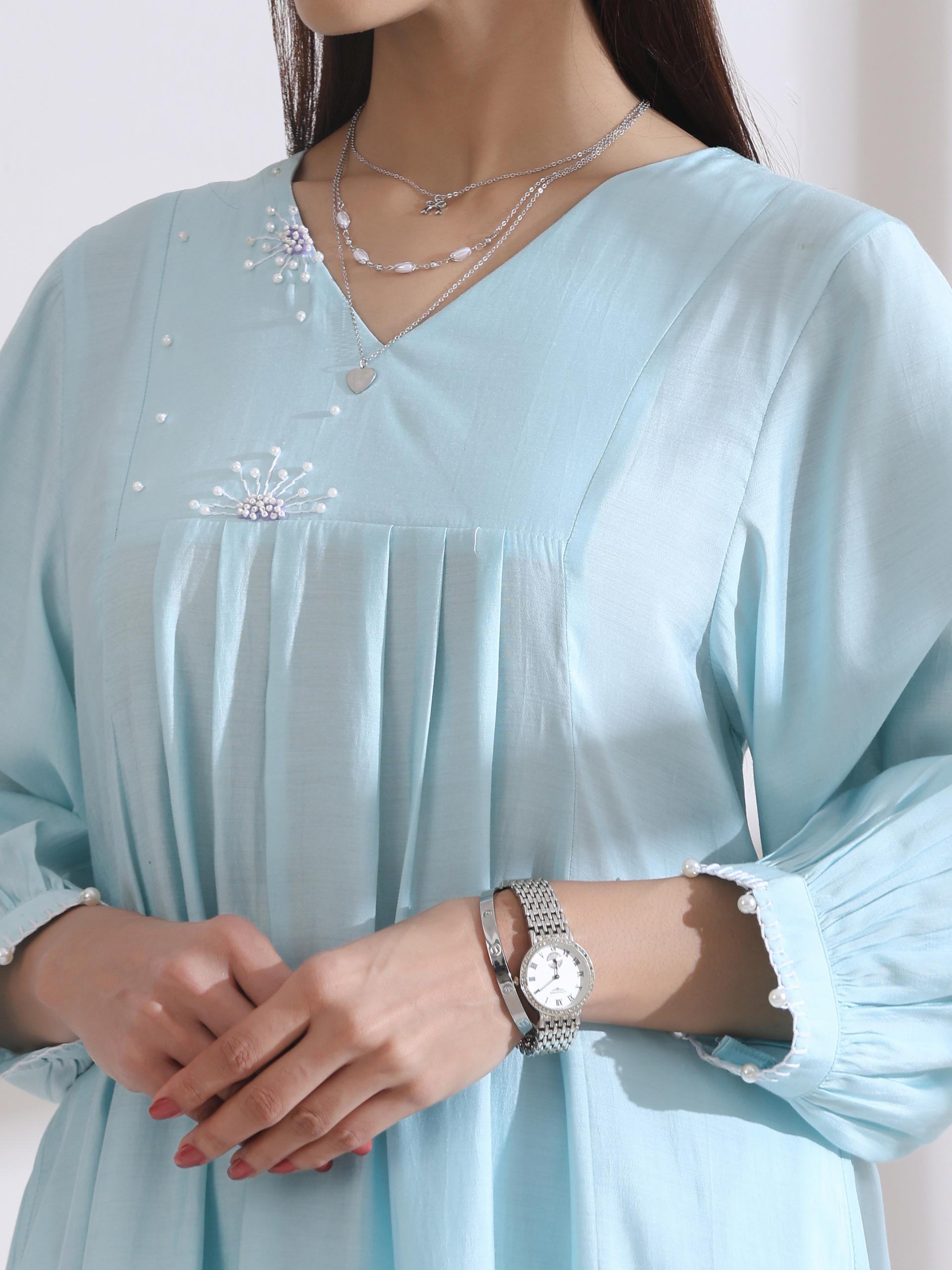 Women's Light Blue Kurta with Handstitched Pearls on Front and Back with Pants 2 Piece Set | A-Line, V Neck, 3/4 Sleeves, Workwear, Casual (AirSkin Cotton Silk Blend)
