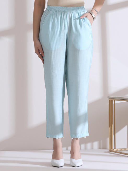 Women's Light Blue Collar Kurta with Pearls and Pants 2 Piece Set | Straight Fit, V Neck, 3/4 Sleeves, Work Wear, (AirSkin Cotton Silk Blend)