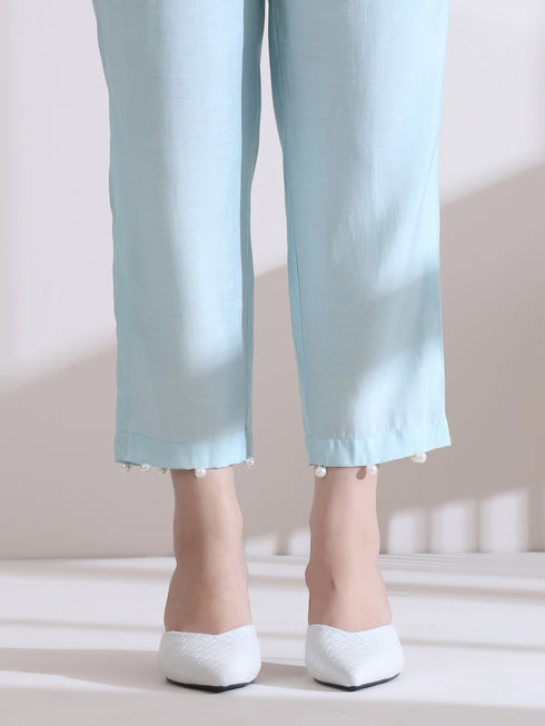 Women's Light Blue Collar Kurta with Pearls and Pants 2 Piece Set | Straight Fit, V Neck, 3/4 Sleeves, Work Wear, (AirSkin Cotton Silk Blend)