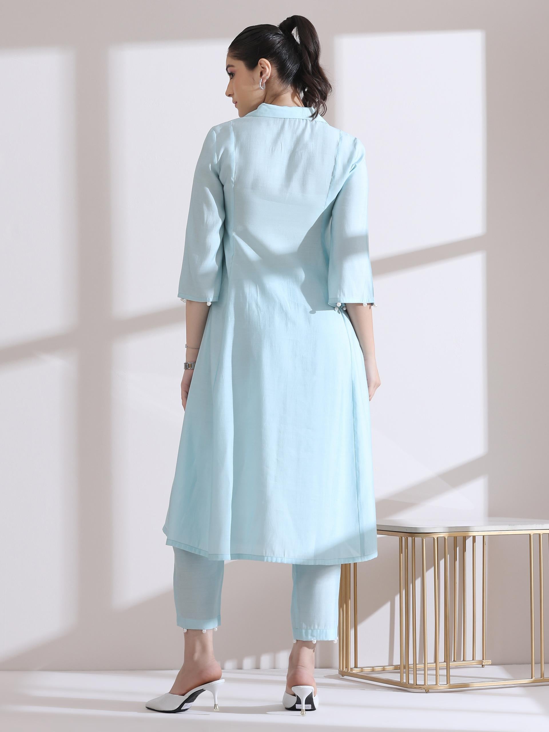 Women's Light Blue Collar Kurta with Pearls and Pants 2 Piece Set | Straight Fit, V Neck, 3/4 Sleeves, Work Wear, (AirSkin Cotton Silk Blend)