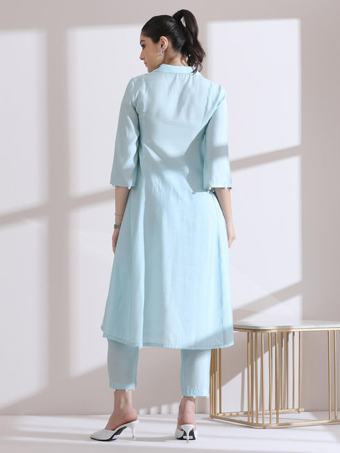 Women's Light Blue Collar Kurta with Pearls and Pants 2 Piece Set | Straight Fit, V Neck, 3/4 Sleeves, Work Wear, (AirSkin Cotton Silk Blend)