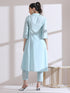 Women's Light Blue Collar Kurta with Pearls and Pants 2 Piece Set | Straight Fit, V Neck, 3/4 Sleeves, Work Wear, (AirSkin Cotton Silk Blend)