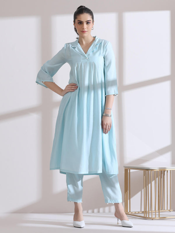Women's Light Blue Collar Kurta with Pearls and Pants 2 Piece Set | Straight Fit, V Neck, 3/4 Sleeves, Work Wear, (AirSkin Cotton Silk Blend)