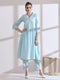 Women's Light Blue Collar Kurta with Pearls and Pants 2 Piece Set | Straight Fit, V Neck, 3/4 Sleeves, Work Wear, (AirSkin Cotton Silk Blend)