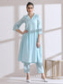 Women's Light Blue Collar Kurta with Pearls and Pants 2 Piece Set | Straight Fit, V Neck, 3/4 Sleeves, Work Wear, (AirSkin Cotton Silk Blend)