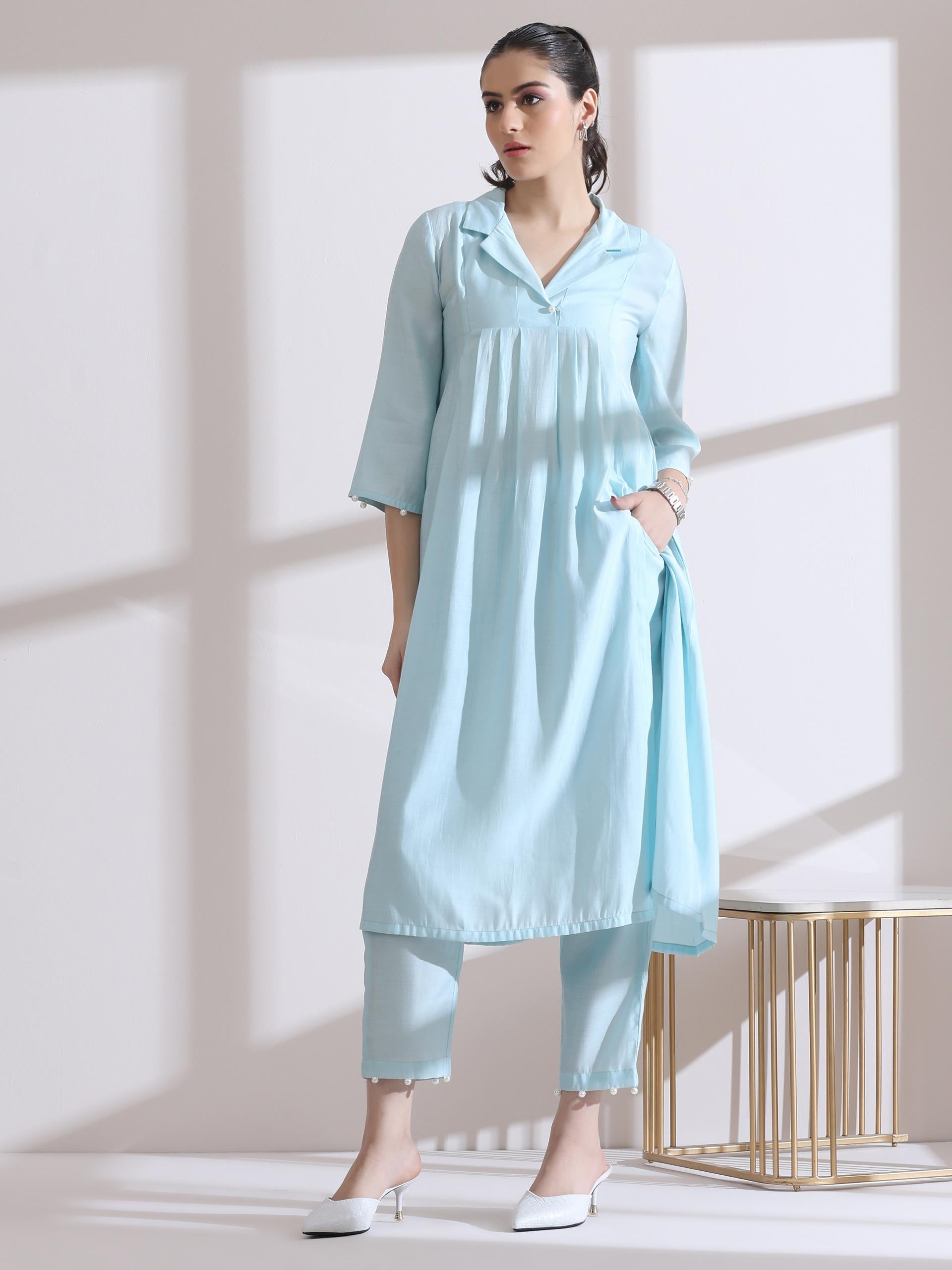 Women's Light Blue Collar Kurta with Pearls and Pants 2 Piece Set | Straight Fit, V Neck, 3/4 Sleeves, Work Wear, (AirSkin Cotton Silk Blend)