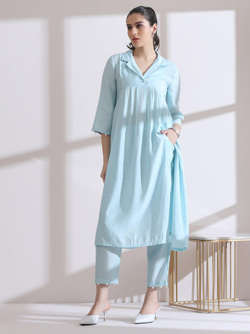 Women's Light Blue Collar Kurta with Pearls and Pants 2 Piece Set | Straight Fit, V Neck, 3/4 Sleeves, Work Wear, (AirSkin Cotton Silk Blend)
