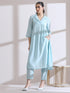 Women's Light Blue Collar Kurta with Pearls and Pants 2 Piece Set | Straight Fit, V Neck, 3/4 Sleeves, Work Wear, (AirSkin Cotton Silk Blend)