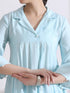 Women's Light Blue Collar Kurta with Pearls and Pants 2 Piece Set | Straight Fit, V Neck, 3/4 Sleeves, Work Wear, (AirSkin Cotton Silk Blend)