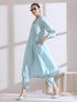 Women's Light Blue Collar Kurta with Pearls and Pants 2 Piece Set | Straight Fit, V Neck, 3/4 Sleeves, Work Wear, (AirSkin Cotton Silk Blend)