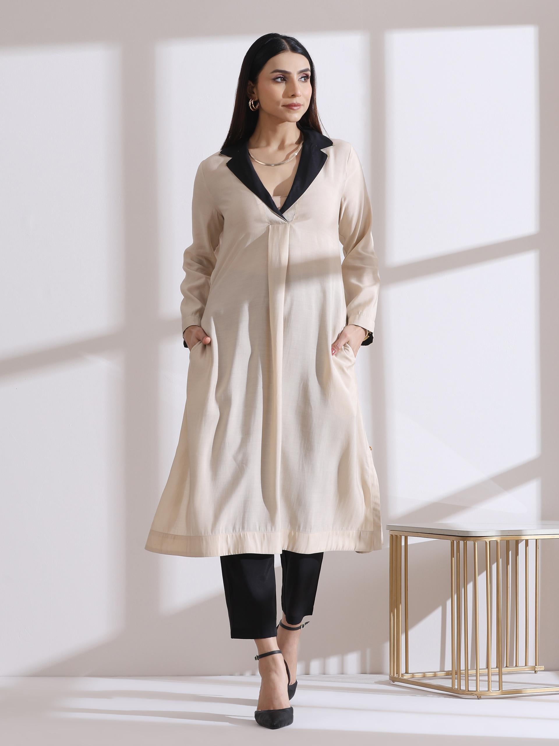 Women's Fawn Kurta with Black and Gold Point Collar and Pants 2 Piece Set | Straight Fit, V Neck, 3/4 Sleeves, Workwear, (AirSkin Cotton Silk Blend)