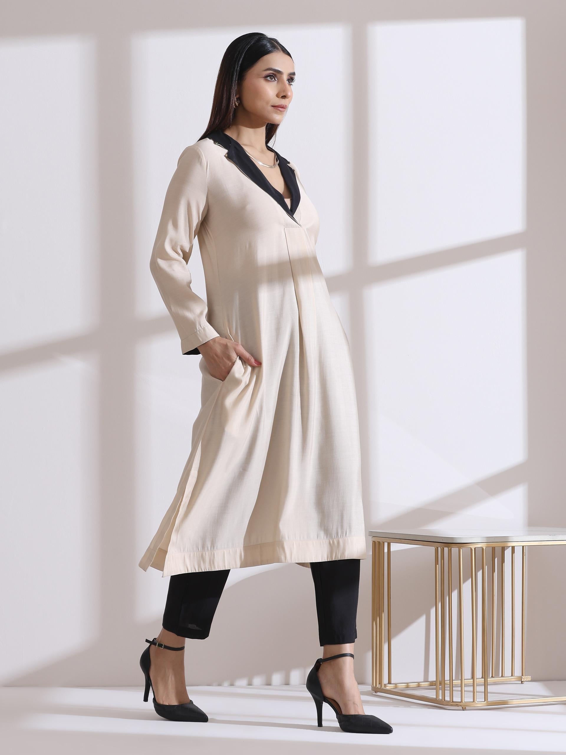 Women's Fawn and Black Kurta with Gold Point Collar 1 Pc | Straight Fit, Collar Neck, Full Sleeves, Workwear, (AirSkin Cotton Silk Blend)