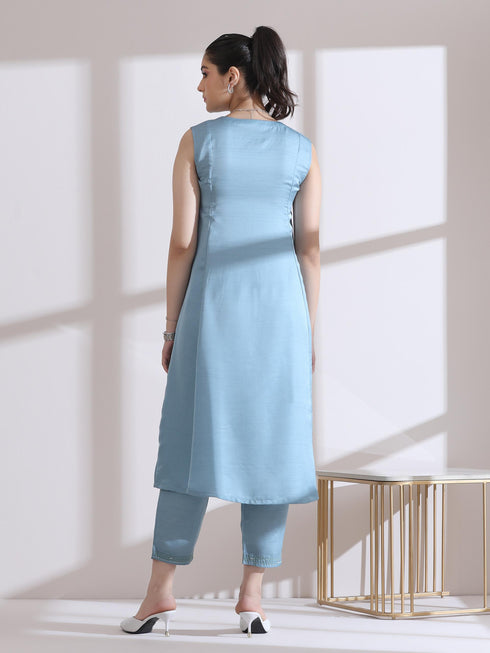 2 Pc Set - Prf'T Lux Blue Hand Stitched Yoke Sleeveless Kurta With Pants