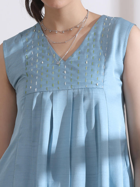 2 Pc Set - Prf'T Lux Blue Hand Stitched Yoke Sleeveless Kurta With Pants
