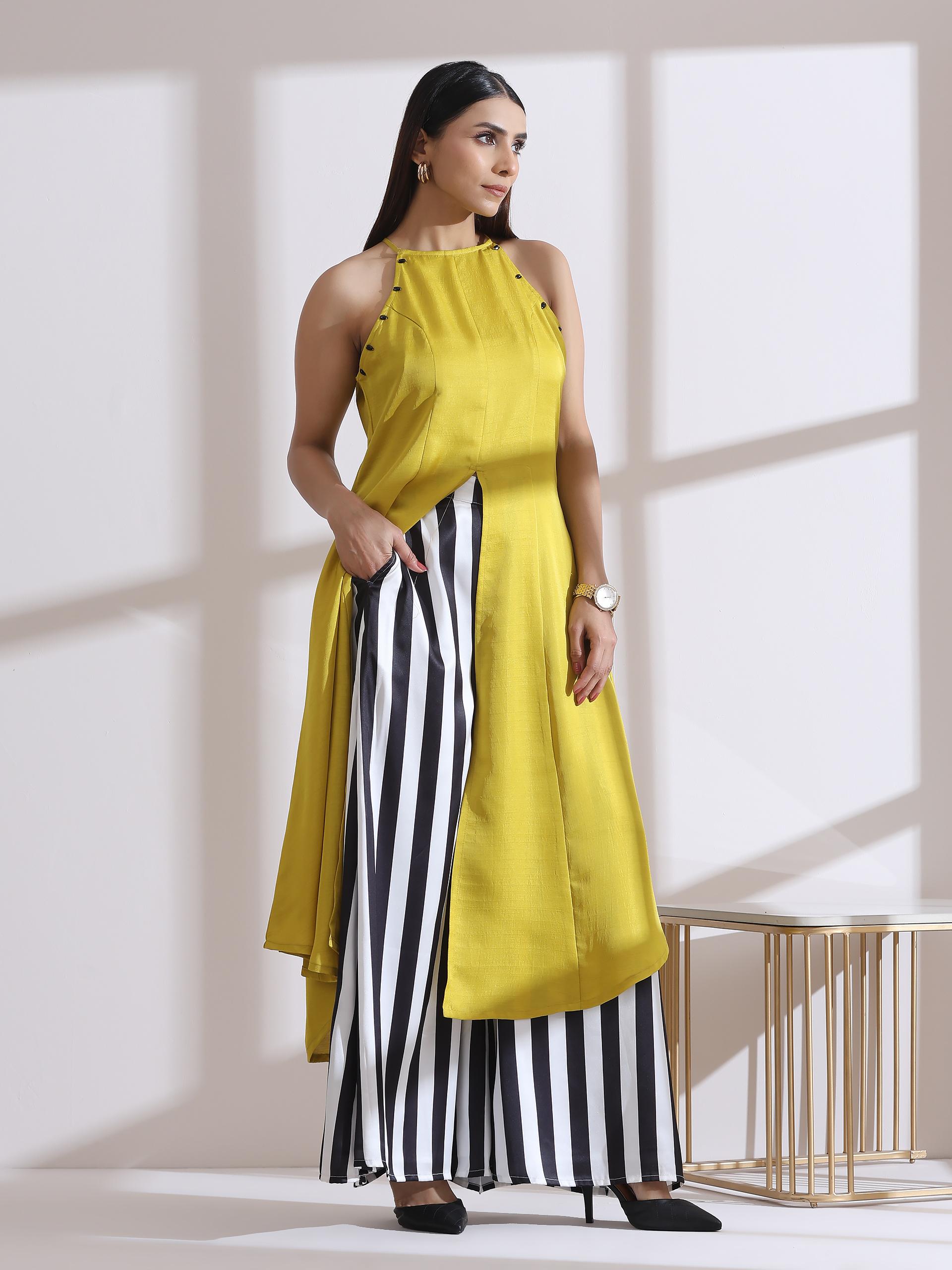 Women's Yellow Beaded Halter Sleeveless Kurta with Printed Satin Palazzo 2 Piece Set | Straight Fit, Halter Neck, Sleeveless, Partywear, (Lux Fabric)