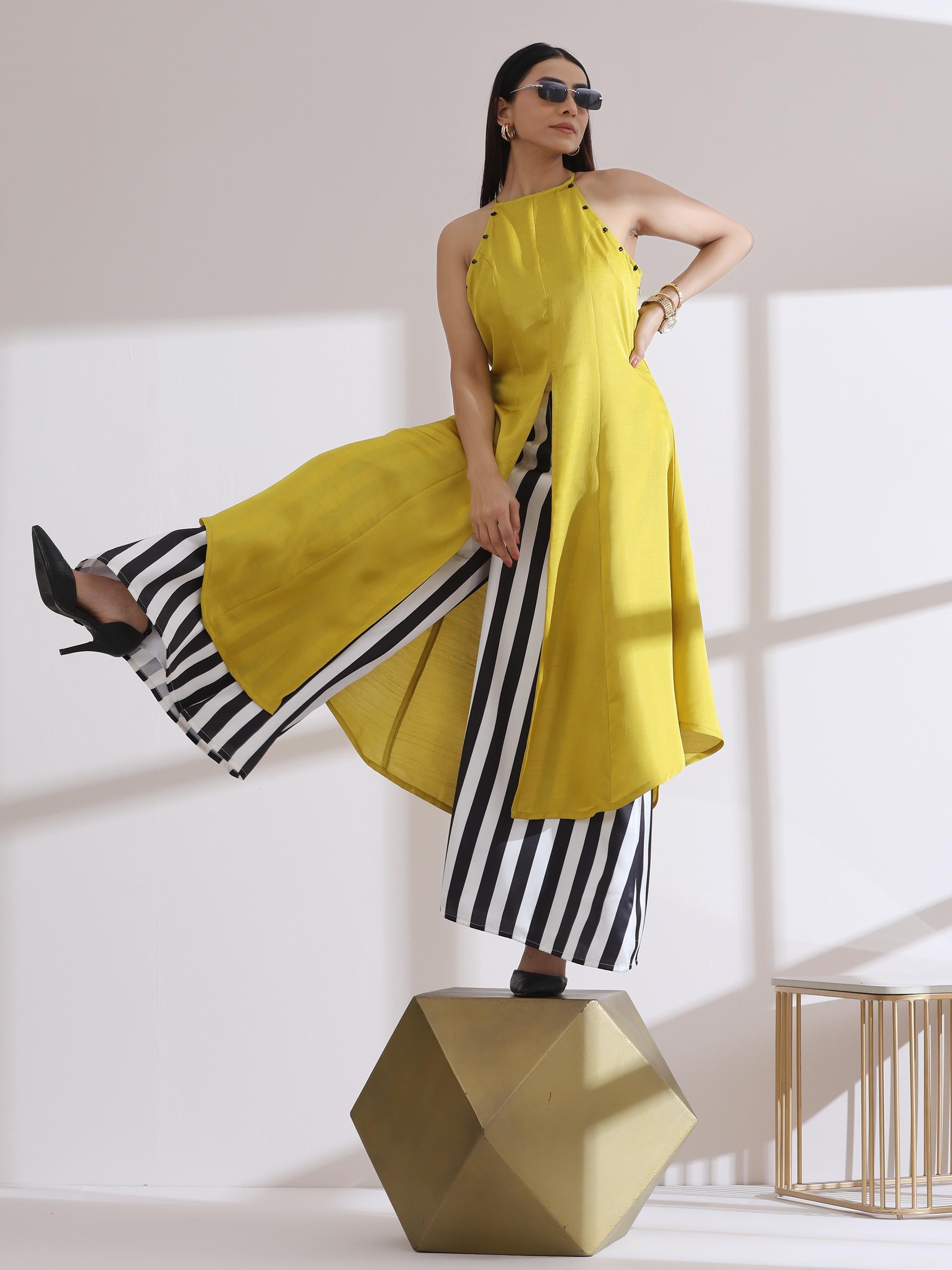 Women's Yellow Beaded Halter Sleeveless Kurta with Printed Satin Palazzo 2 Piece Set | Straight Fit, Halter Neck, Sleeveless, Partywear, (Lux Fabric)