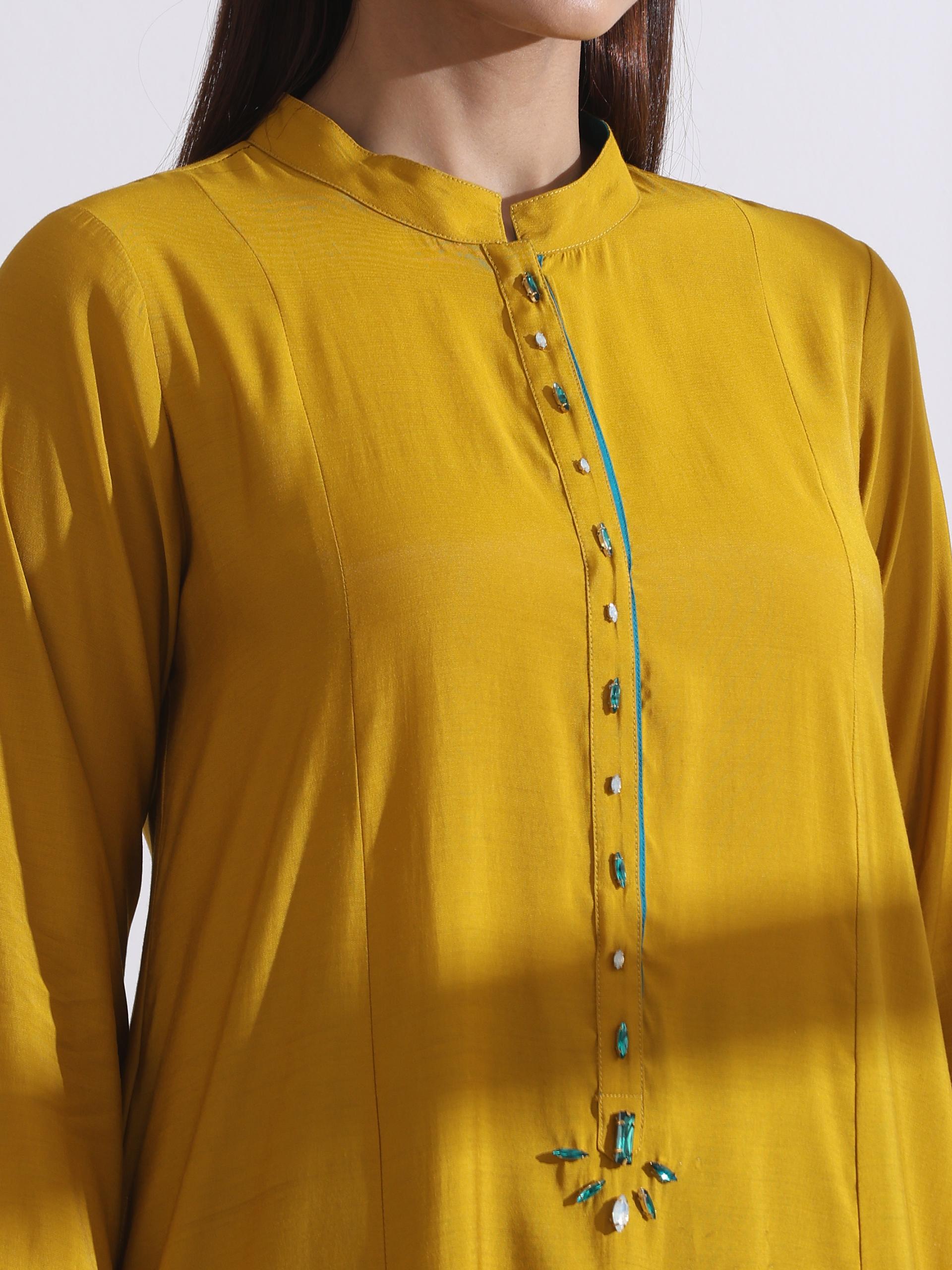 Women's Mustard Long Opening Kurta with Beads and Blue Pants 2 Piece Set | A-Line, Round Neck, 3/4 Sleeves, Partywear, (AirSkin Cotton Silk Blend)