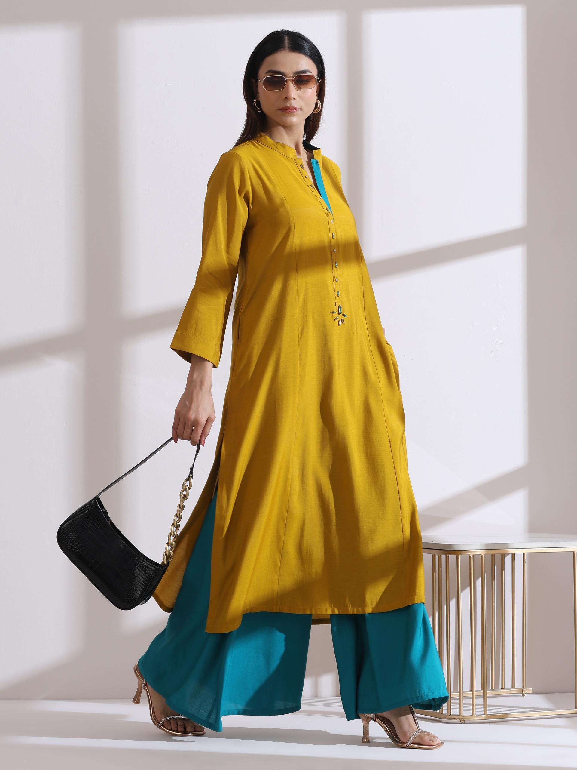 Women's Mustard Long Opening Kurta with Beads and Blue Pants 2 Piece Set | A-Line, Round Neck, 3/4 Sleeves, Partywear, (AirSkin Cotton Silk Blend)