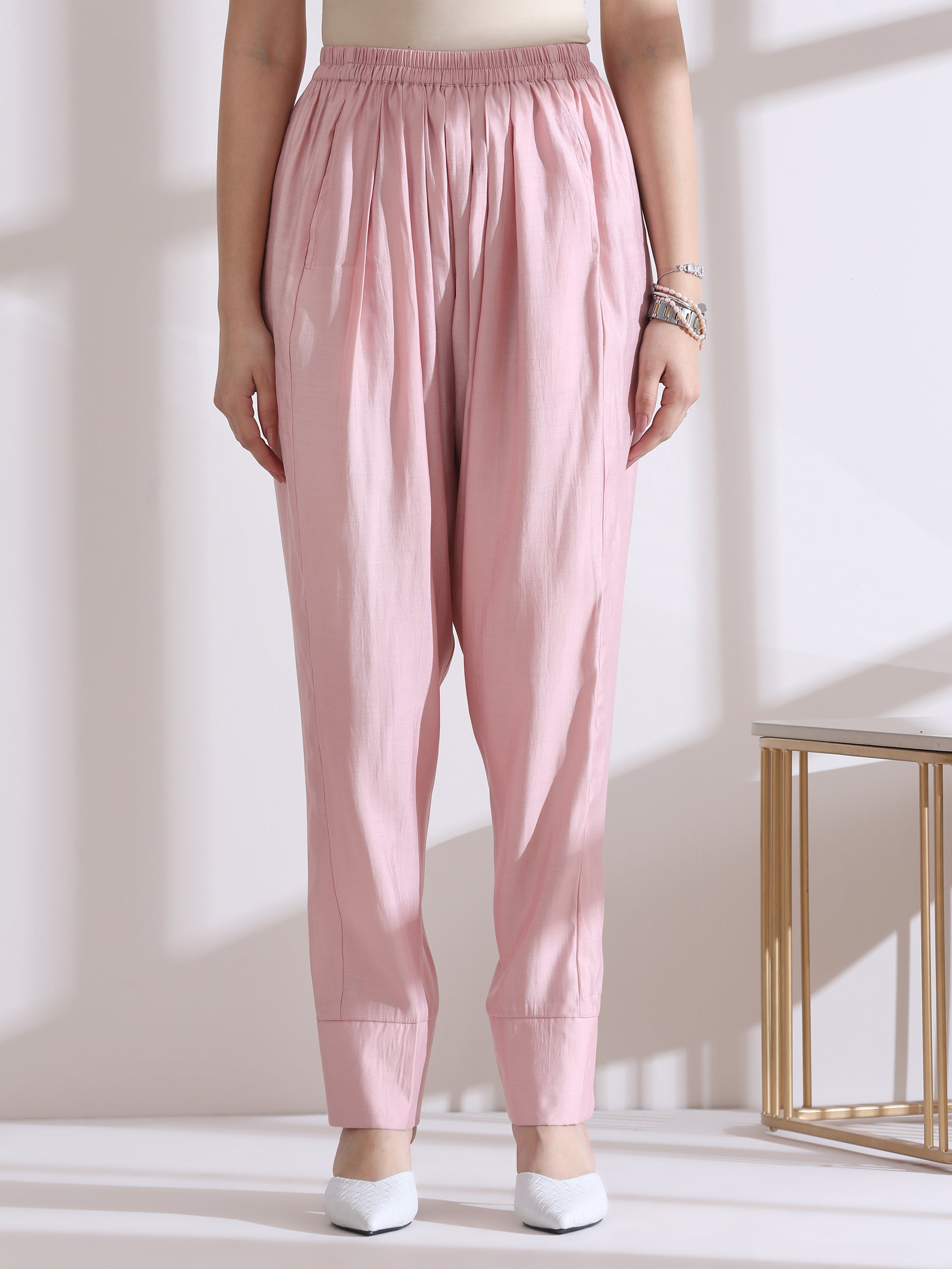 Women's Pink Kurta with White Flowers and Pants 2 Piece Set | A-Line, Round Neck, 3/4 Sleeves, Casual Wear, (AirSkin Cotton Silk Blend)