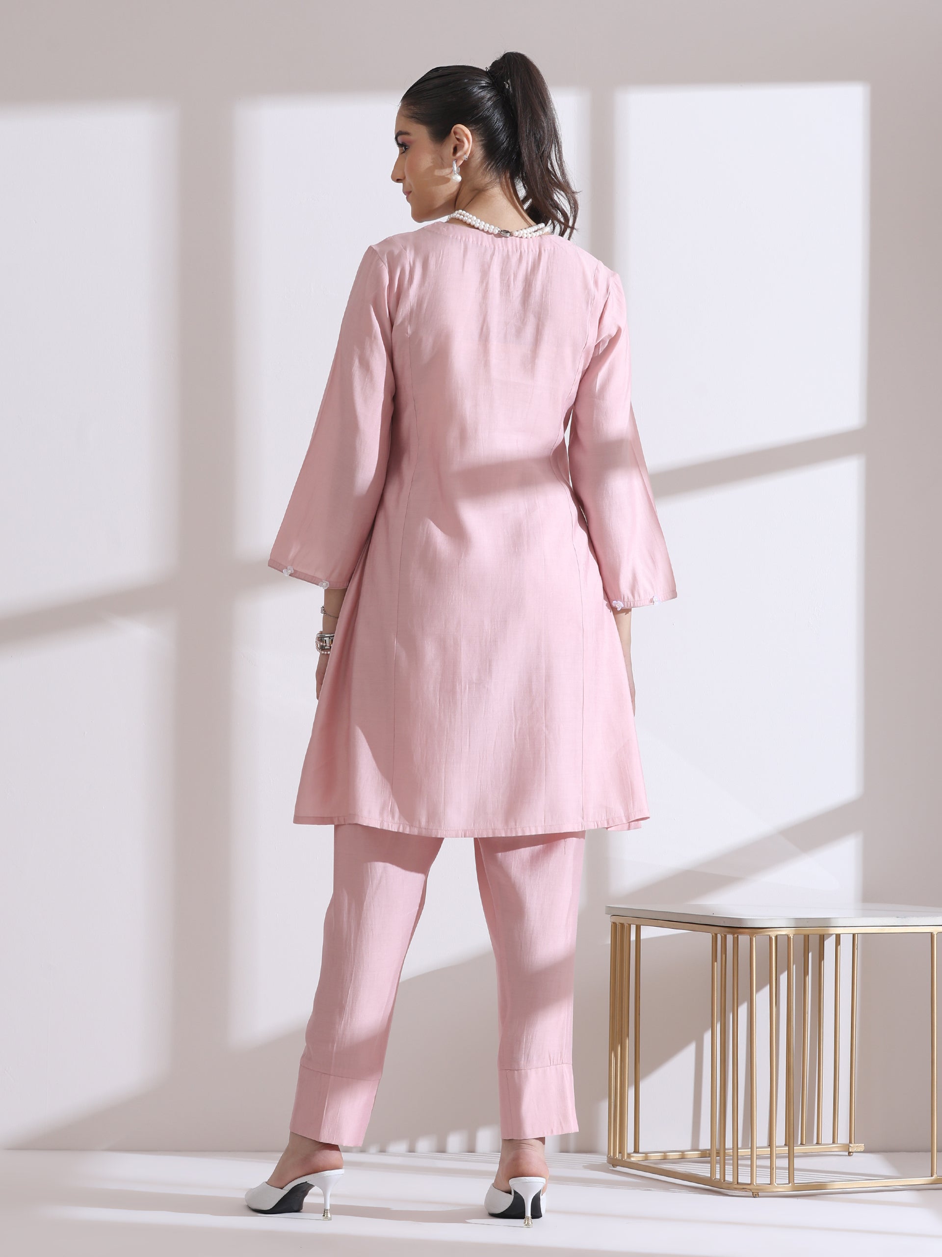 Women's Pink Kurta with White Flowers and Pants 2 Piece Set | A-Line, Round Neck, 3/4 Sleeves, Casual Wear, (AirSkin Cotton Silk Blend)