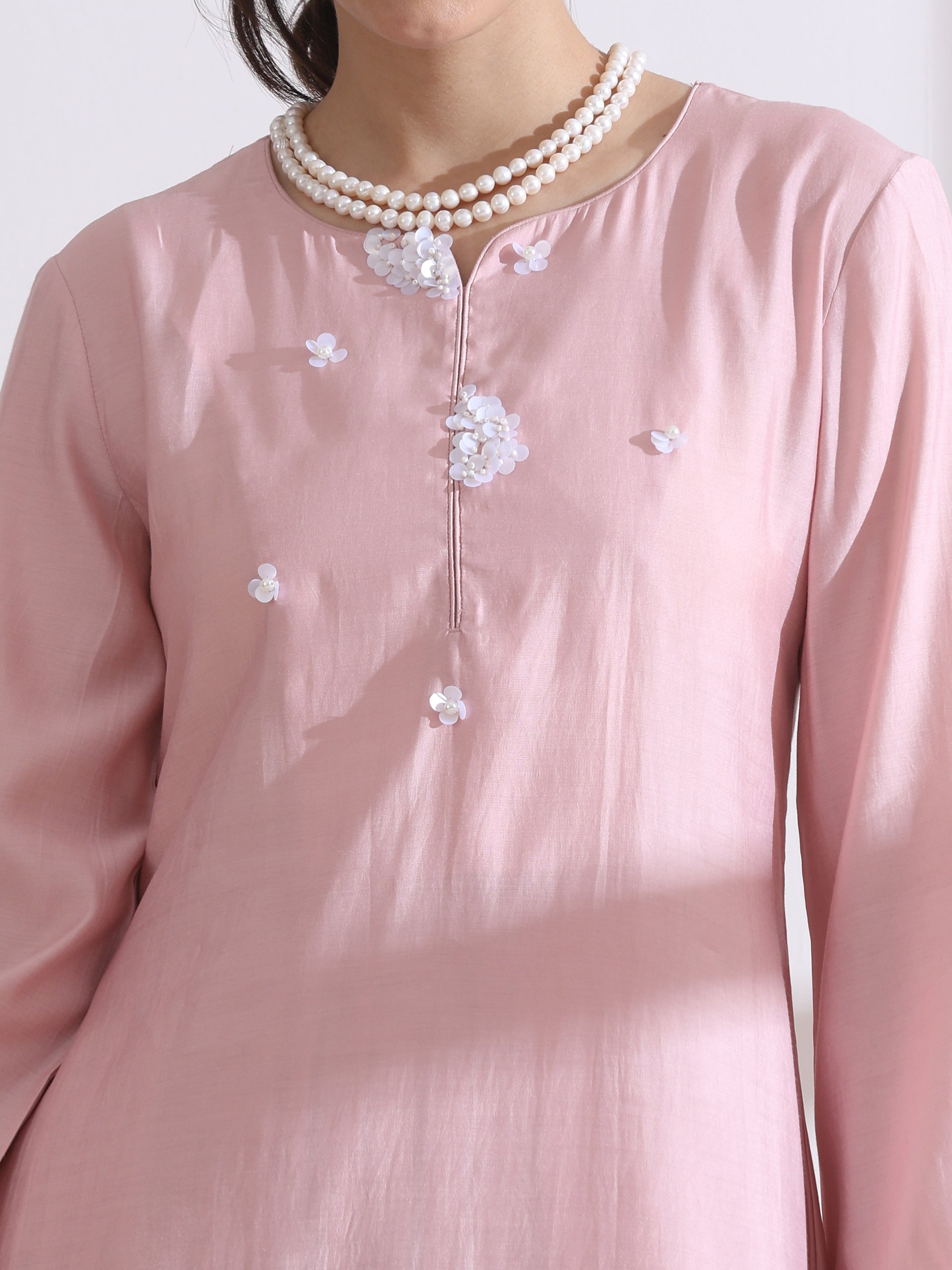 Women's Pink Kurta with White Flowers and Pants 2 Piece Set | A-Line, Round Neck, 3/4 Sleeves, Casual Wear, (AirSkin Cotton Silk Blend)