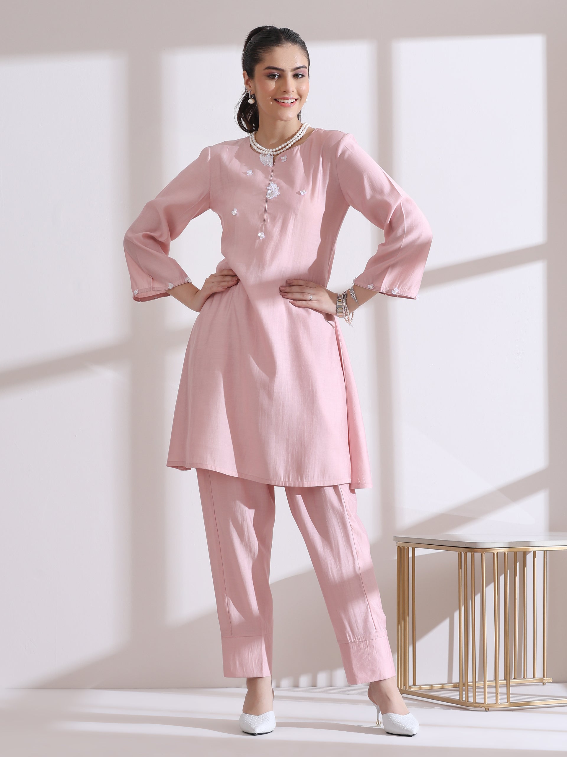 Women's Pink Kurta with White Flowers and Pants 2 Piece Set | A-Line, Round Neck, 3/4 Sleeves, Casual Wear, (AirSkin Cotton Silk Blend)