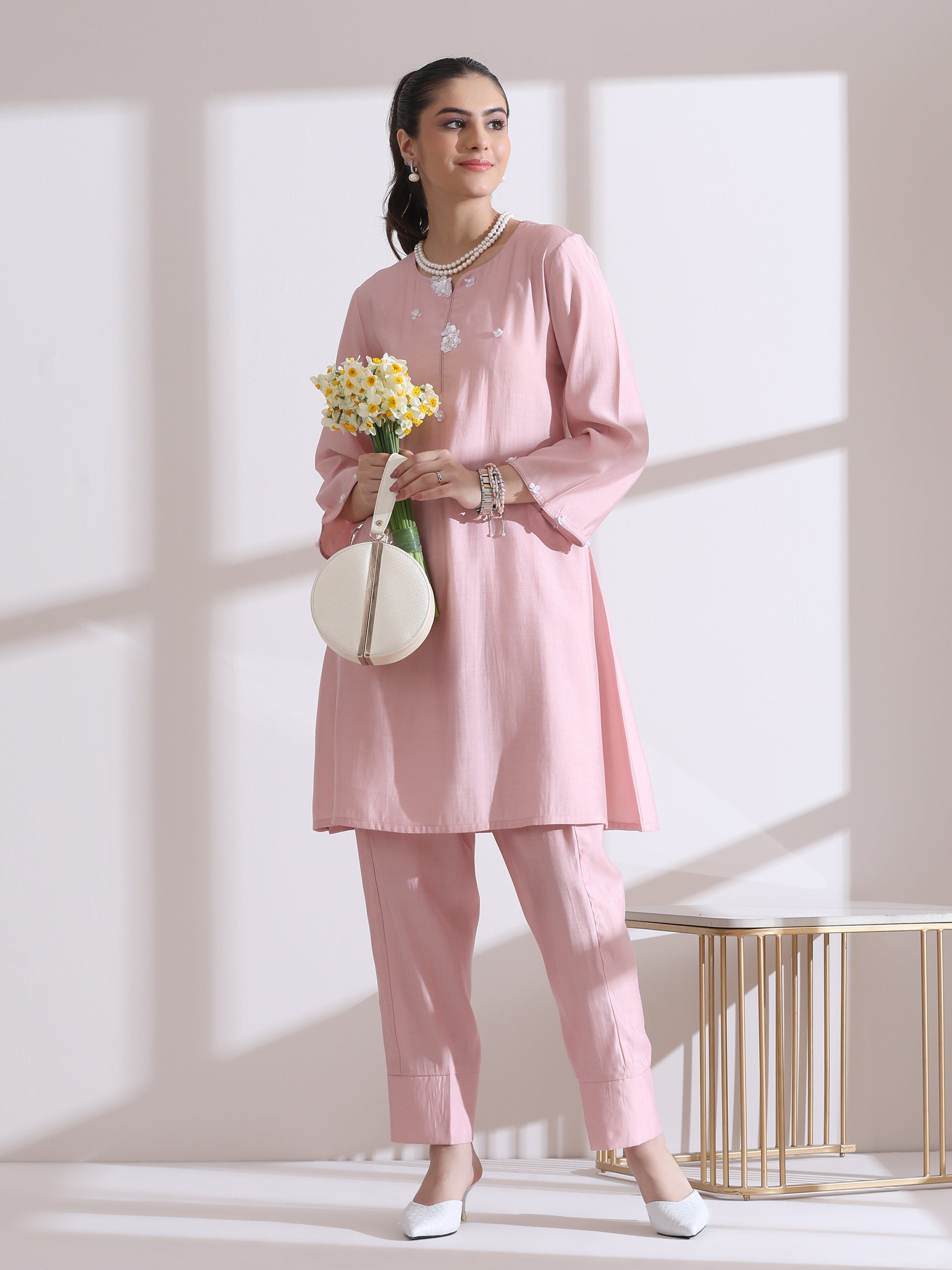 Women's Pink Kurta with White Flowers and Pants 2 Piece Set | A-Line, Round Neck, 3/4 Sleeves, Casual Wear, (AirSkin Cotton Silk Blend)