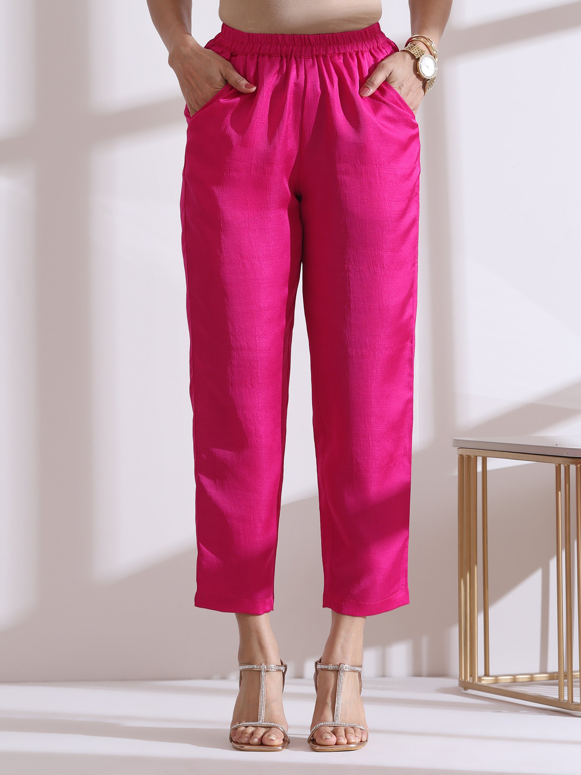 Women's Fuchsia Kurta with Striped Collar and Pants 2 Piece Set | Straight Fit, V Neck, 3/4 Sleeves, Workwear, (Lux Fabric)