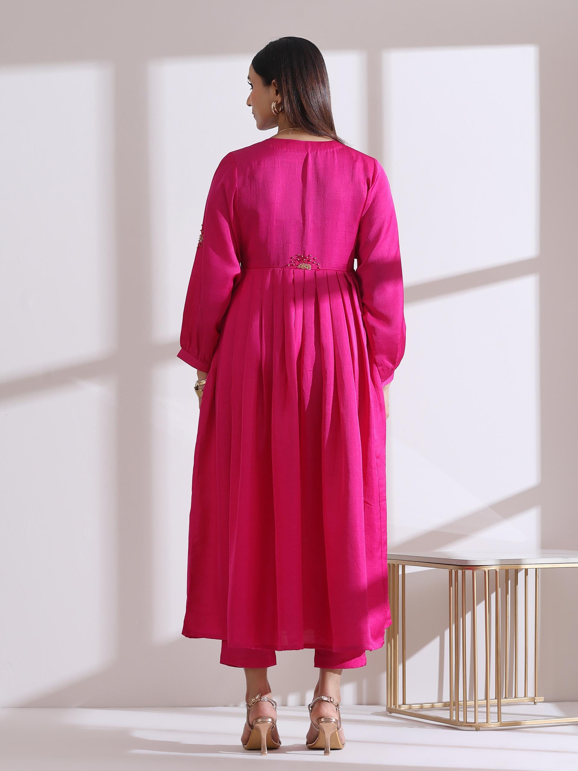 Women's Fuchsia Kurta with Flowers in Beads and Pants 2 Piece Set | A-Line, Anarkali, Round Neck, 3/4 Sleeves, Festive Wear, (Lux Fabric)