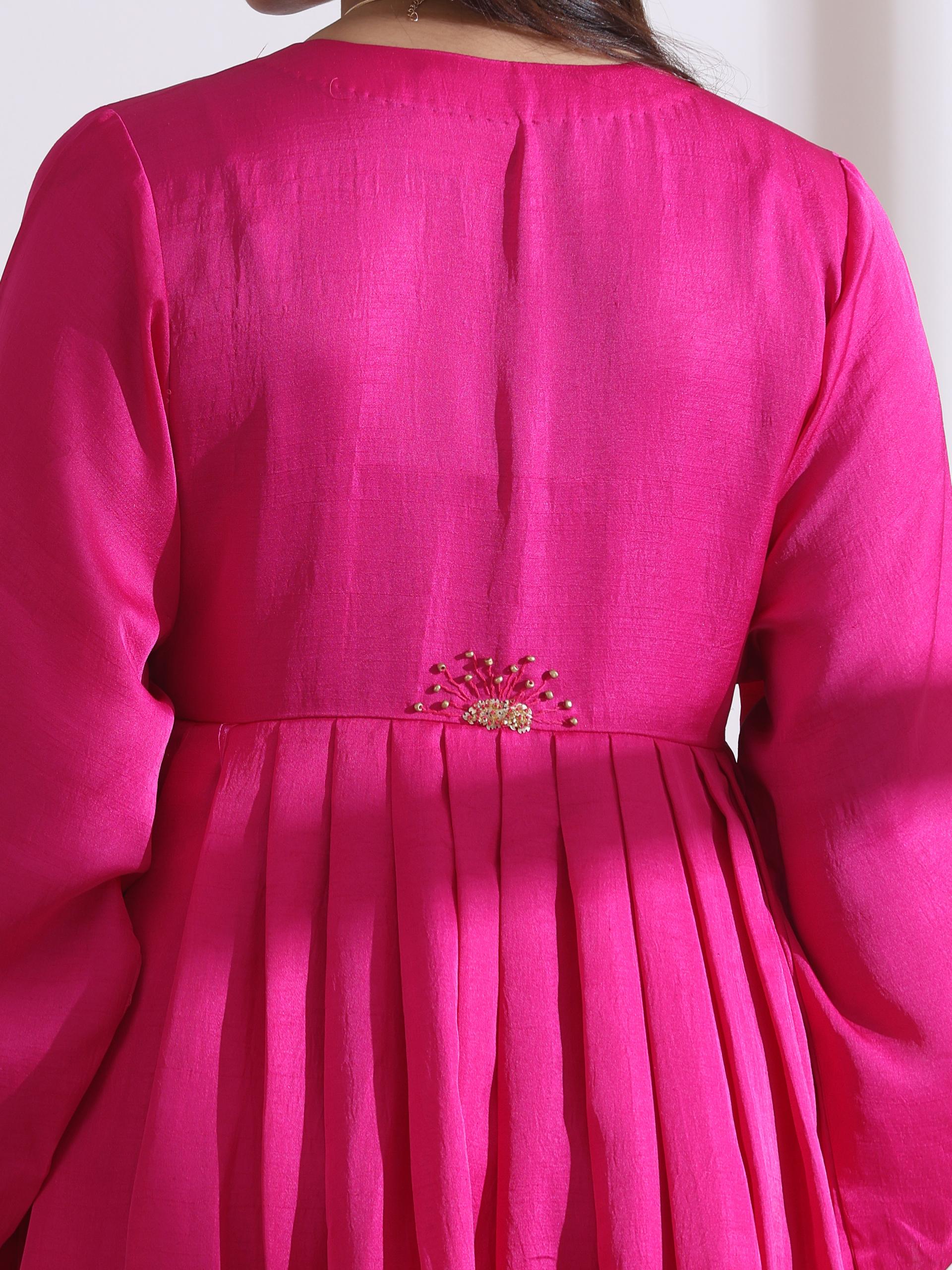 Women's Fuchsia Kurta with Flowers in Beads and Pants 2 Piece Set | A-Line, Anarkali, Round Neck, 3/4 Sleeves, Festive Wear, (Lux Fabric)