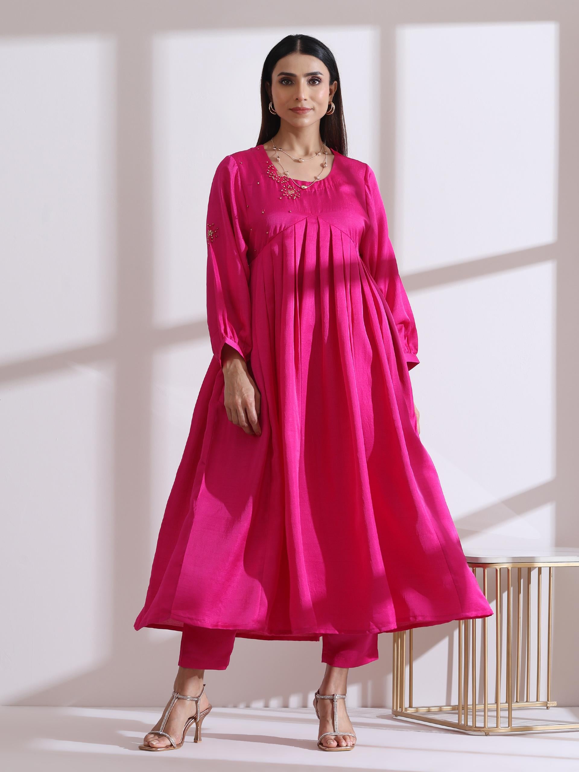 Women's Fuchsia Kurta with Flowers in Beads and Pants 2 Piece Set | A-Line, Anarkali, Round Neck, 3/4 Sleeves, Festive Wear, (Lux Fabric)