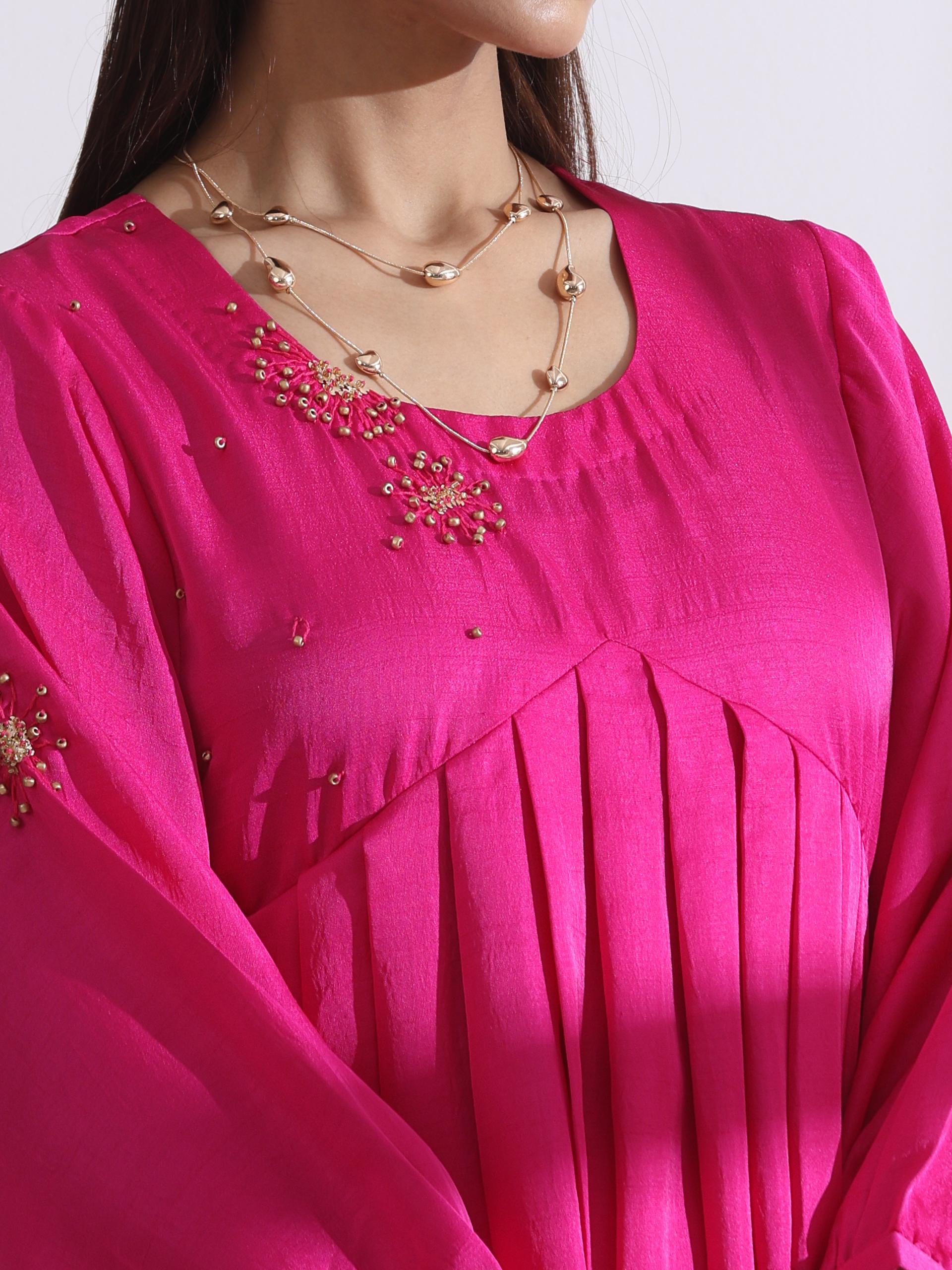Women's Fuchsia Kurta with Flowers in Beads and Pants 2 Piece Set | A-Line, Anarkali, Round Neck, 3/4 Sleeves, Festive Wear, (Lux Fabric)