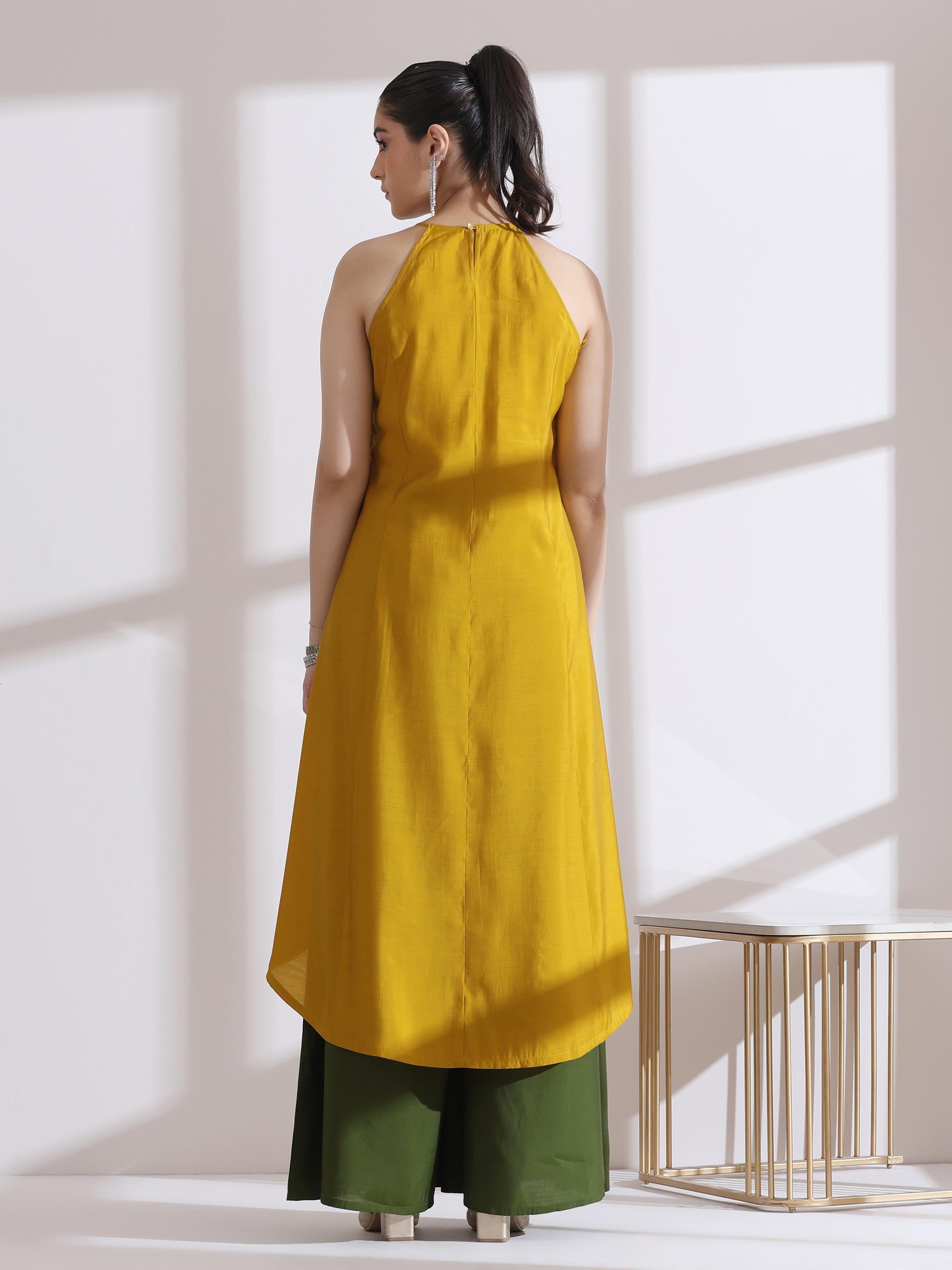 Women's Mustard Halter Kurta with Bronze Beads and Palazzo 2 Piece Set | Straight Fit, Halter Neck, Sleeveless,  Festive Wear, Casual (AirSkin Cotton Silk Blend)