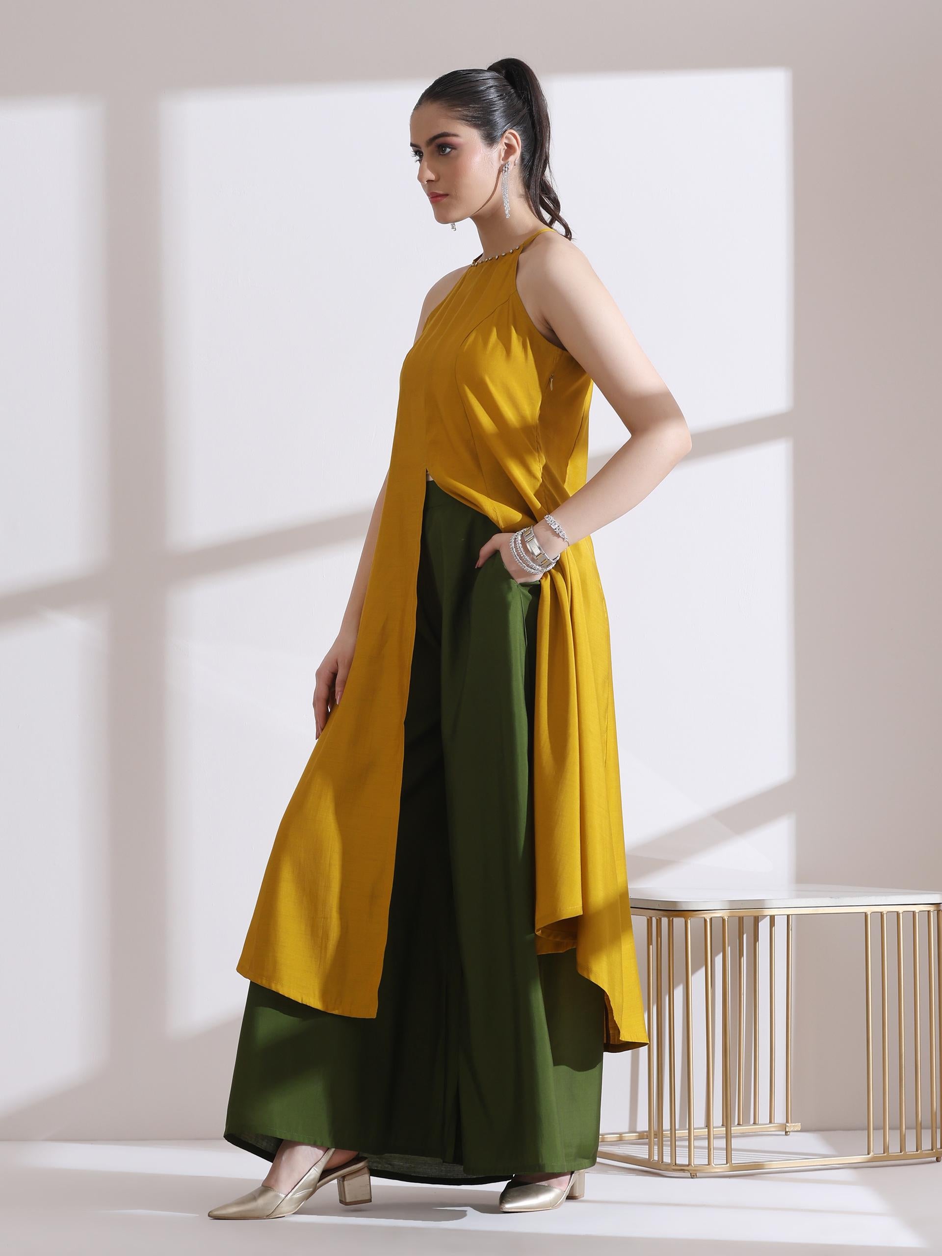 Women's Mustard Halter Kurta with Bronze Beads and Palazzo 2 Piece Set | Straight Fit, Halter Neck, Sleeveless,  Festive Wear, Casual (AirSkin Cotton Silk Blend)