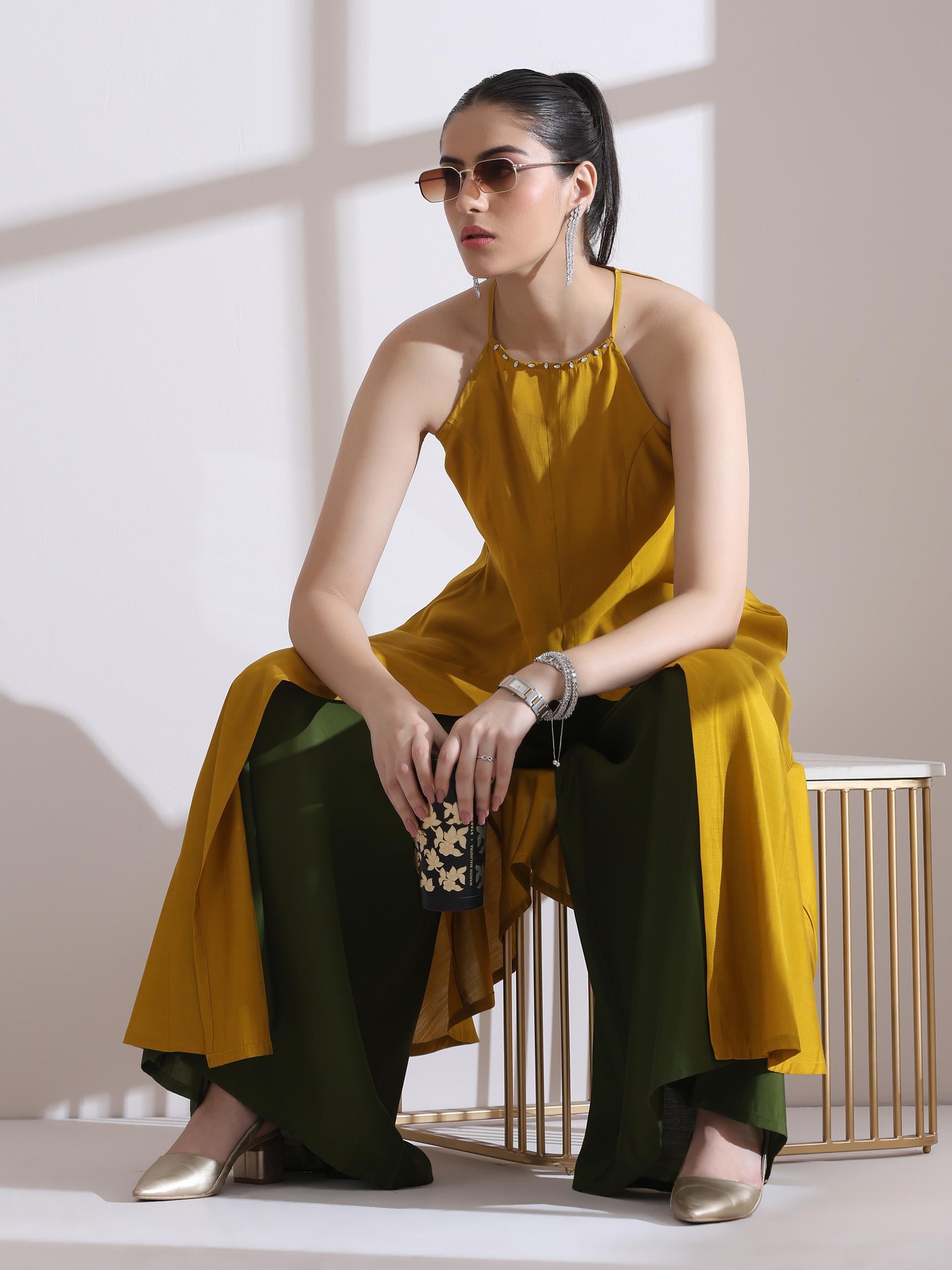 Women's Mustard Halter Kurta with Bronze Beads and Palazzo 2 Piece Set | Straight Fit, Halter Neck, Sleeveless,  Festive Wear, Casual (AirSkin Cotton Silk Blend)