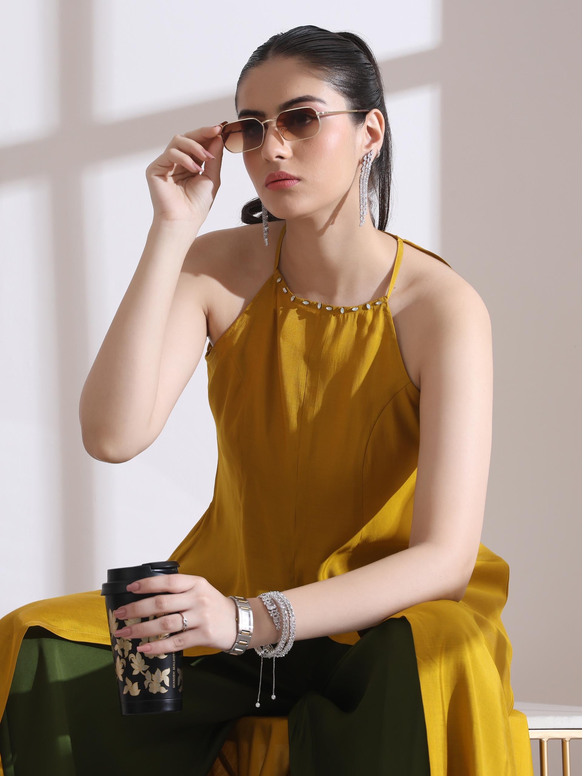 Women's Mustard Halter Kurta with Bronze Beads and Palazzo 2 Piece Set | Straight Fit, Halter Neck, Sleeveless,  Festive Wear, Casual (AirSkin Cotton Silk Blend)