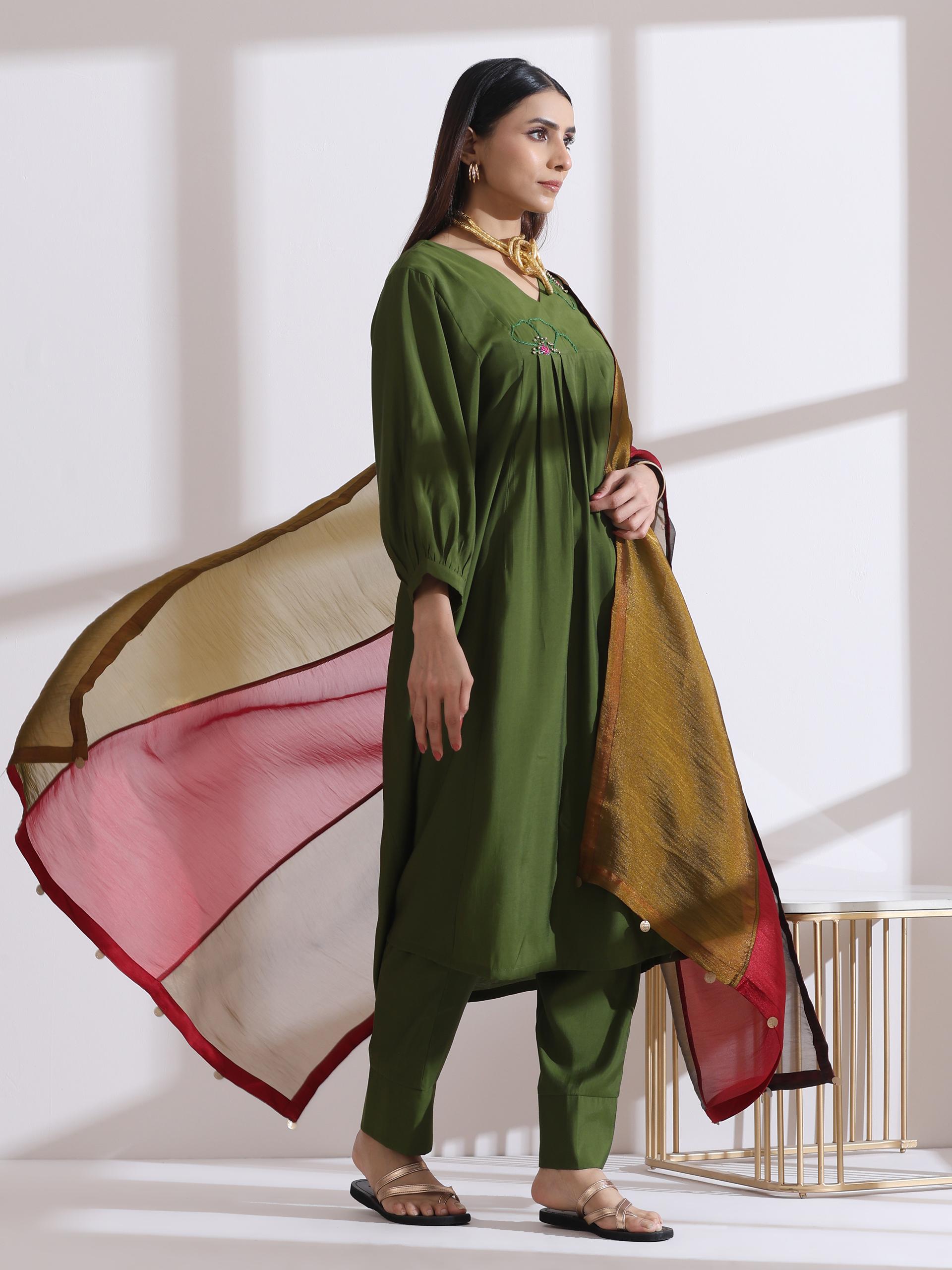 Women's Mehndi Green Handmade Flower Kurta with Pants 2 Piece Set | A-Line, V Neck, 3/4 Sleeves, Pants,Work Wear, (AirSkin Cotton Silk Blend)