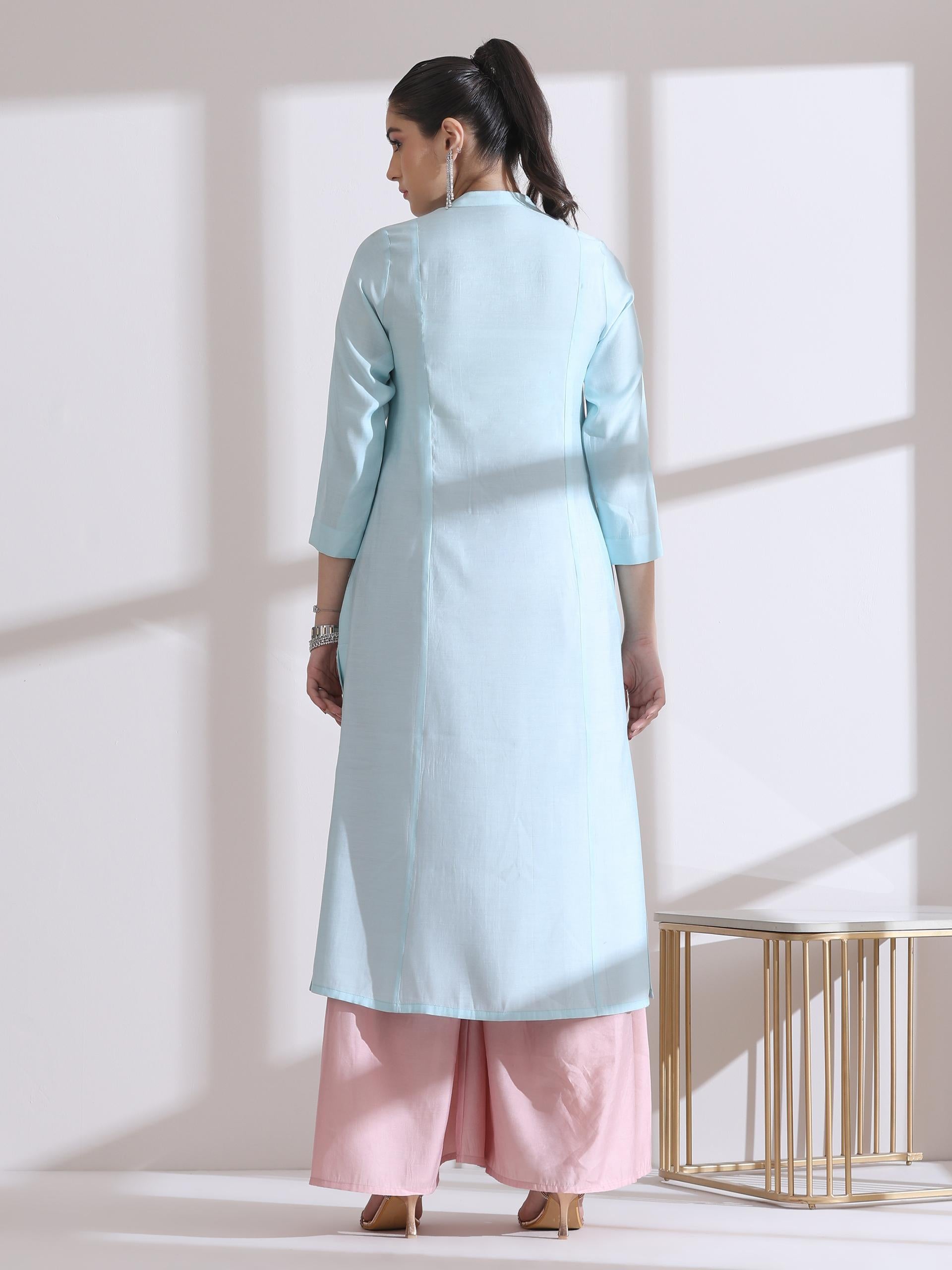 Women's Light Blue Long Opening Kurta with Beads and Pink Palazzo 2 Piece Set | A-Line, Round Neck, 3/4 Sleeves, Festive Wear, Casual (AirSkin Cotton Silk Blend)