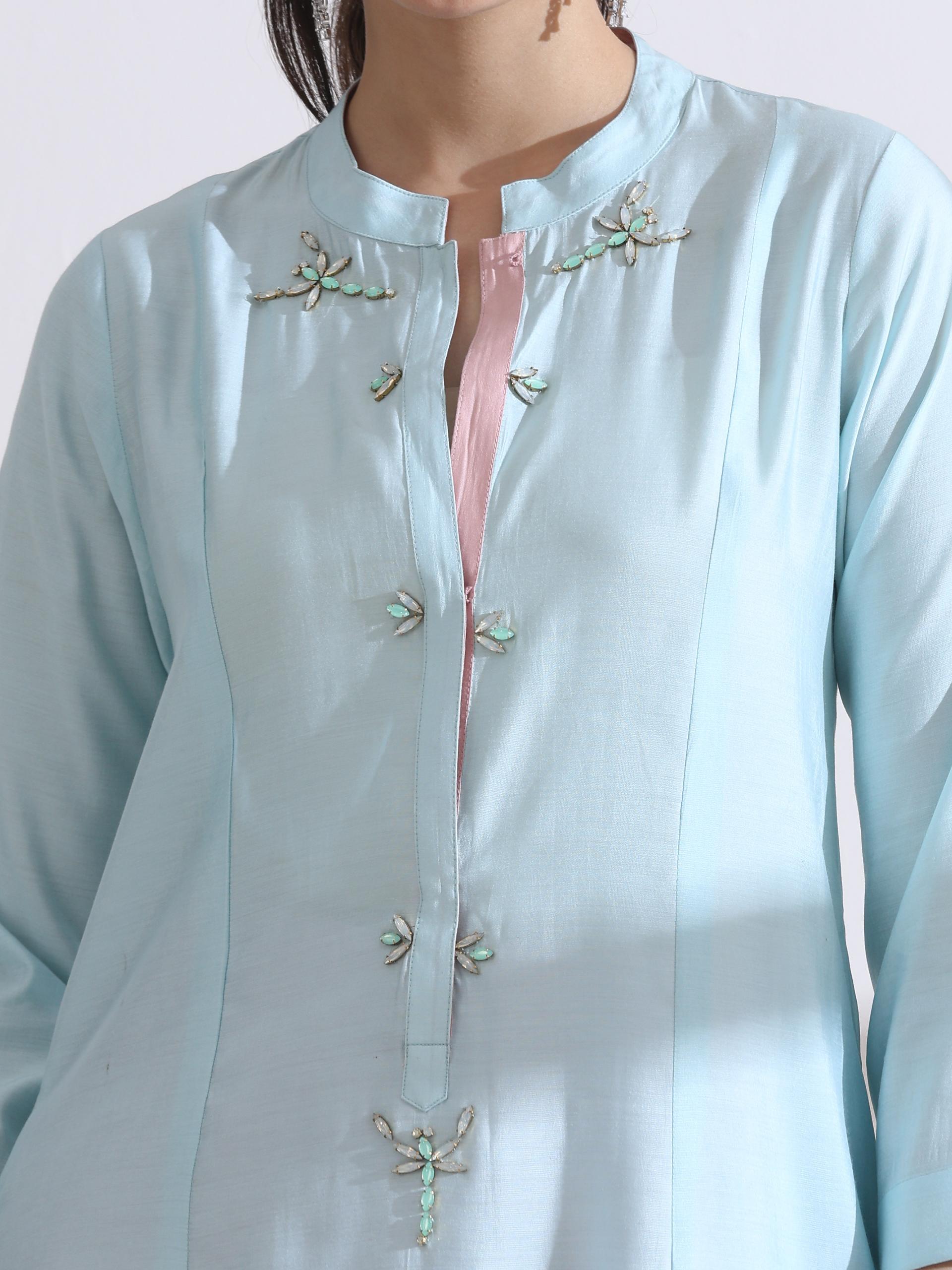 Women's Light Blue Long Opening Kurta with Beads and Pink Palazzo 2 Piece Set | A-Line, Round Neck, 3/4 Sleeves, Festive Wear, Casual (AirSkin Cotton Silk Blend)
