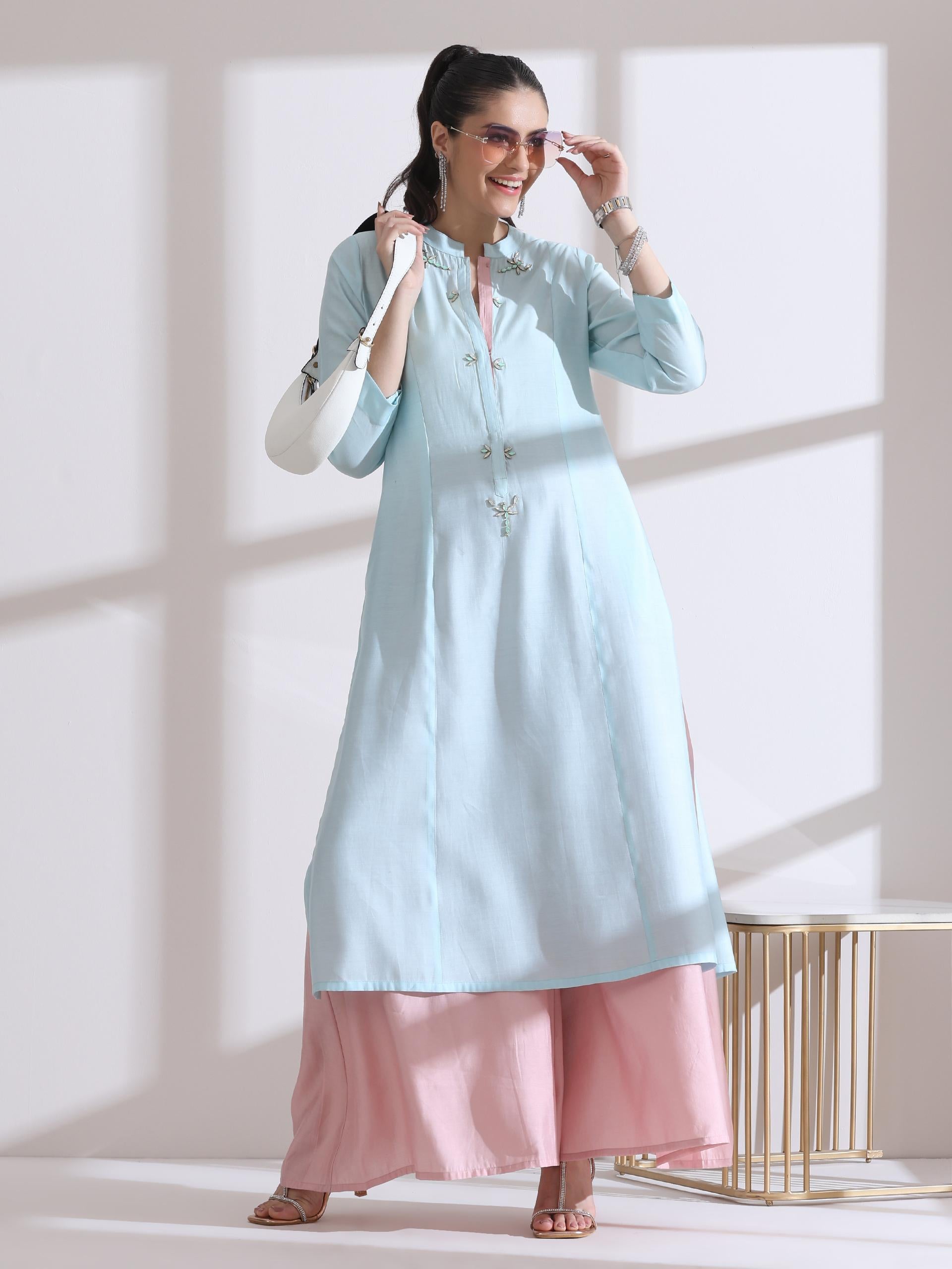 Women's Light Blue Long Opening Kurta with Beads and Pink Palazzo 2 Piece Set | A-Line, Round Neck, 3/4 Sleeves, Festive Wear, Casual (AirSkin Cotton Silk Blend)