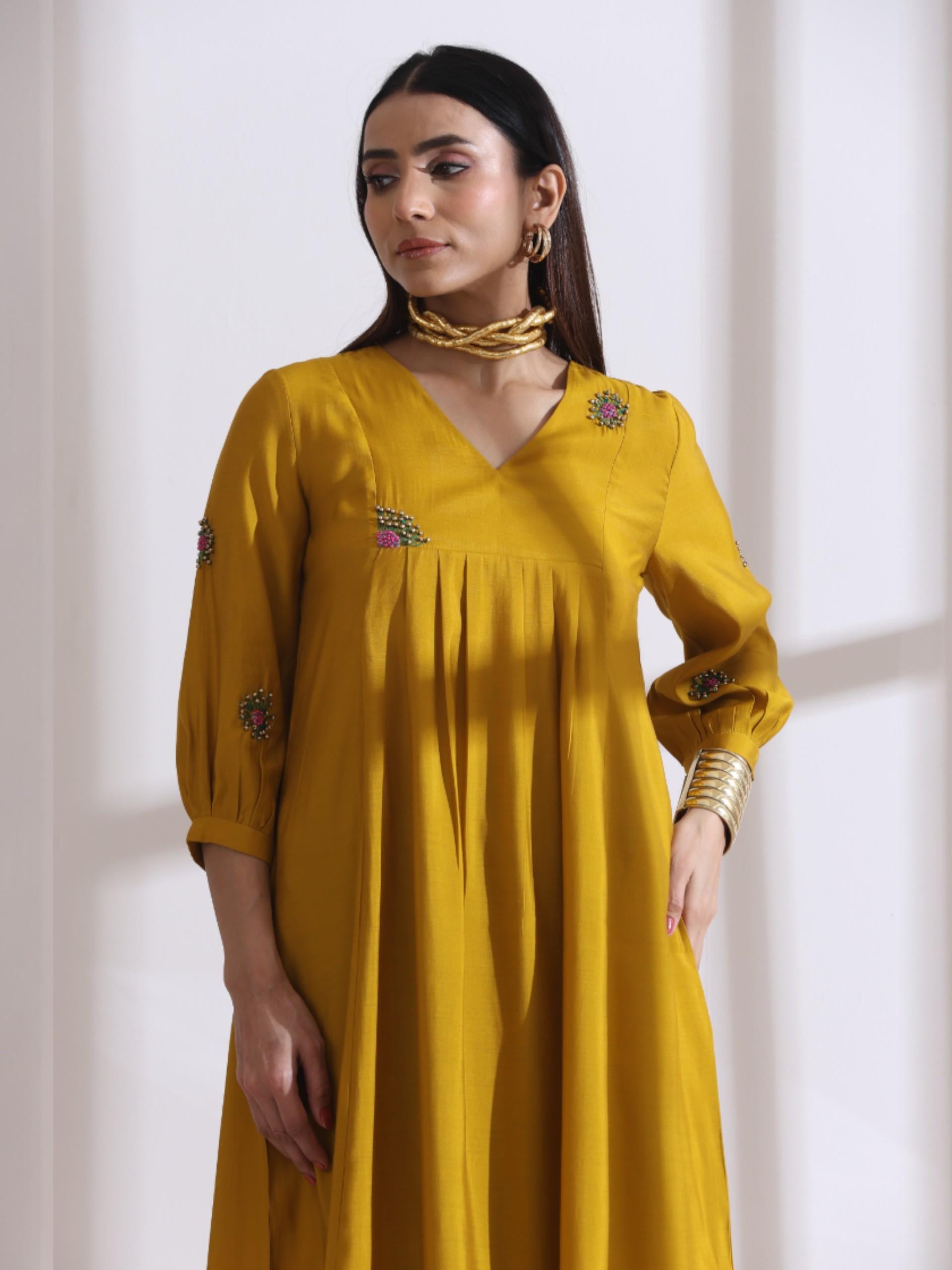 Women's Mustard Hand Beaded Flower Kurta with Pants 2 Piece Set | A-Line, V Neck, 3/4 Sleeves, Work Wear, (AirSkin Cotton Silk Blend)