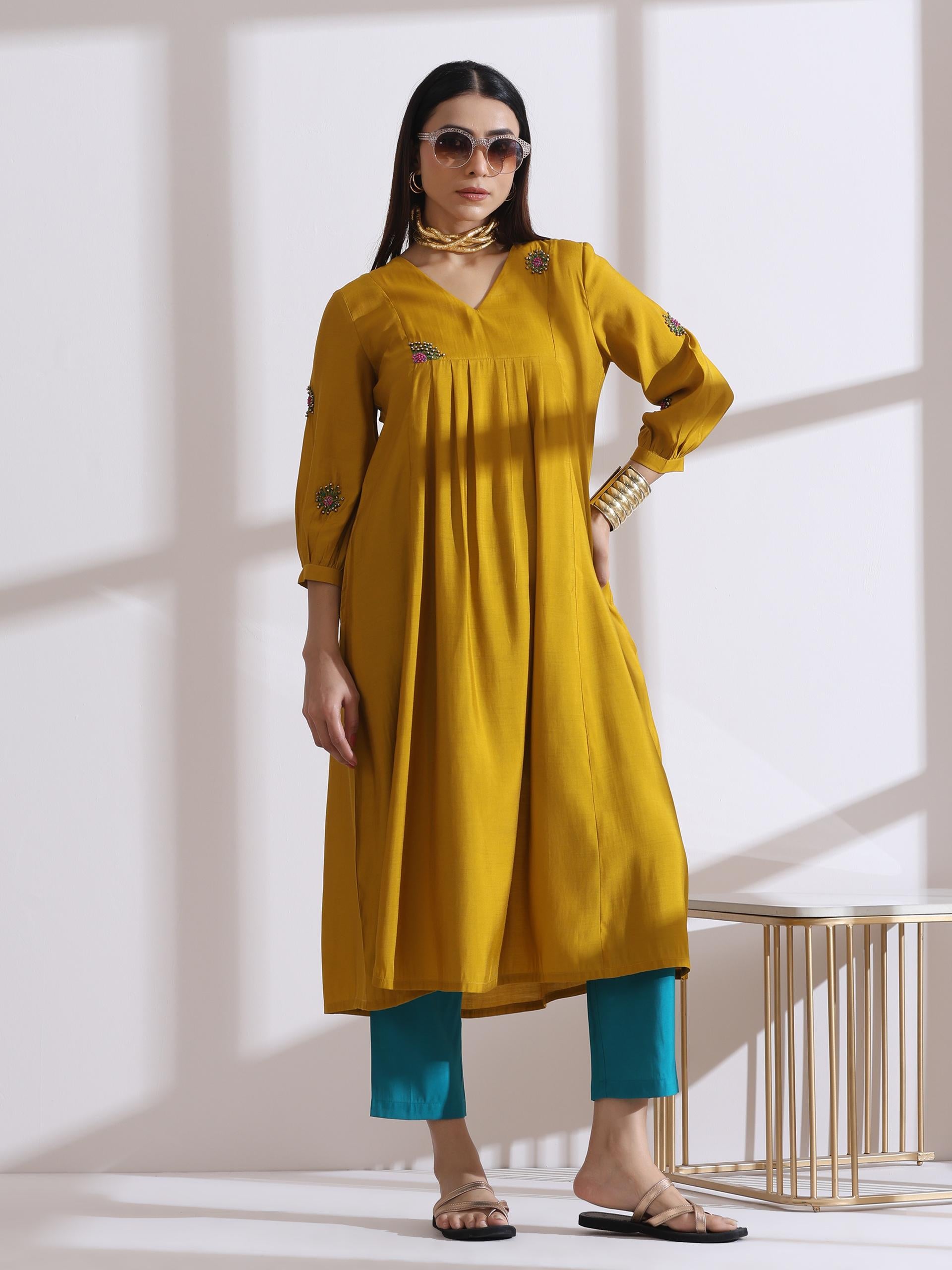 Women's Mustard Hand Beaded Flower Kurta with Pants 2 Piece Set | A-Line, V Neck, 3/4 Sleeves, Work Wear, (AirSkin Cotton Silk Blend)