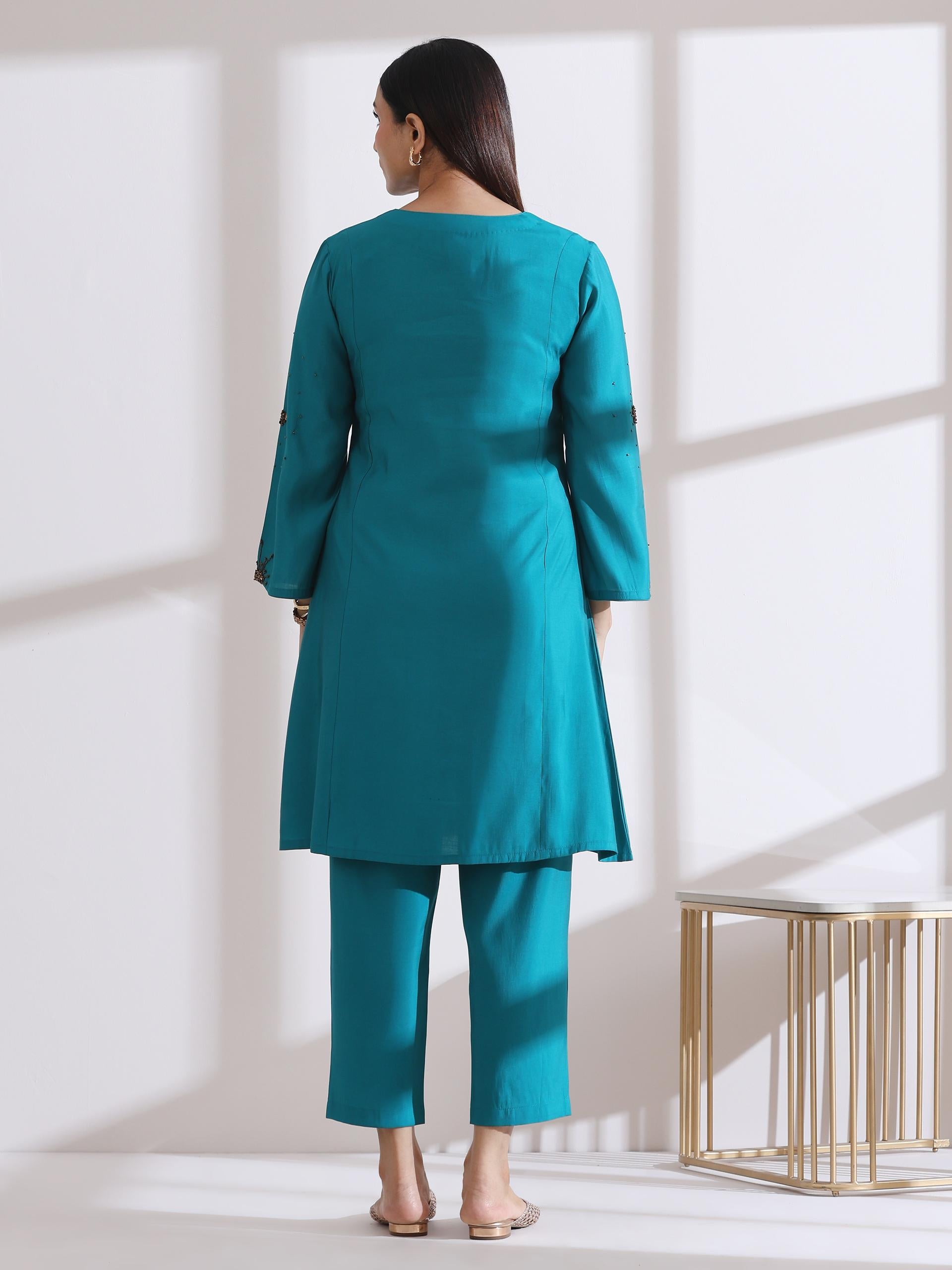 Women's Aqua Blue Short Kurta with Bronze Beads and Pants 2 Piece Set | Straight Fit, Round Neck, 3/4 Sleeves, Work Wear, (AirSkin Cotton Silk Blend)