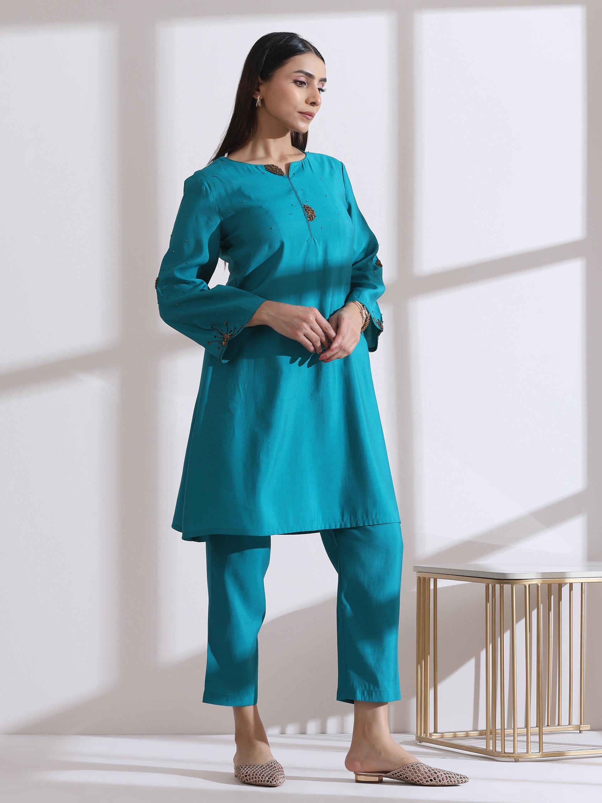 Women's Aqua Blue Short Kurta with Bronze Beads and Pants 2 Piece Set | Straight Fit, Round Neck, 3/4 Sleeves, Work Wear, (AirSkin Cotton Silk Blend)