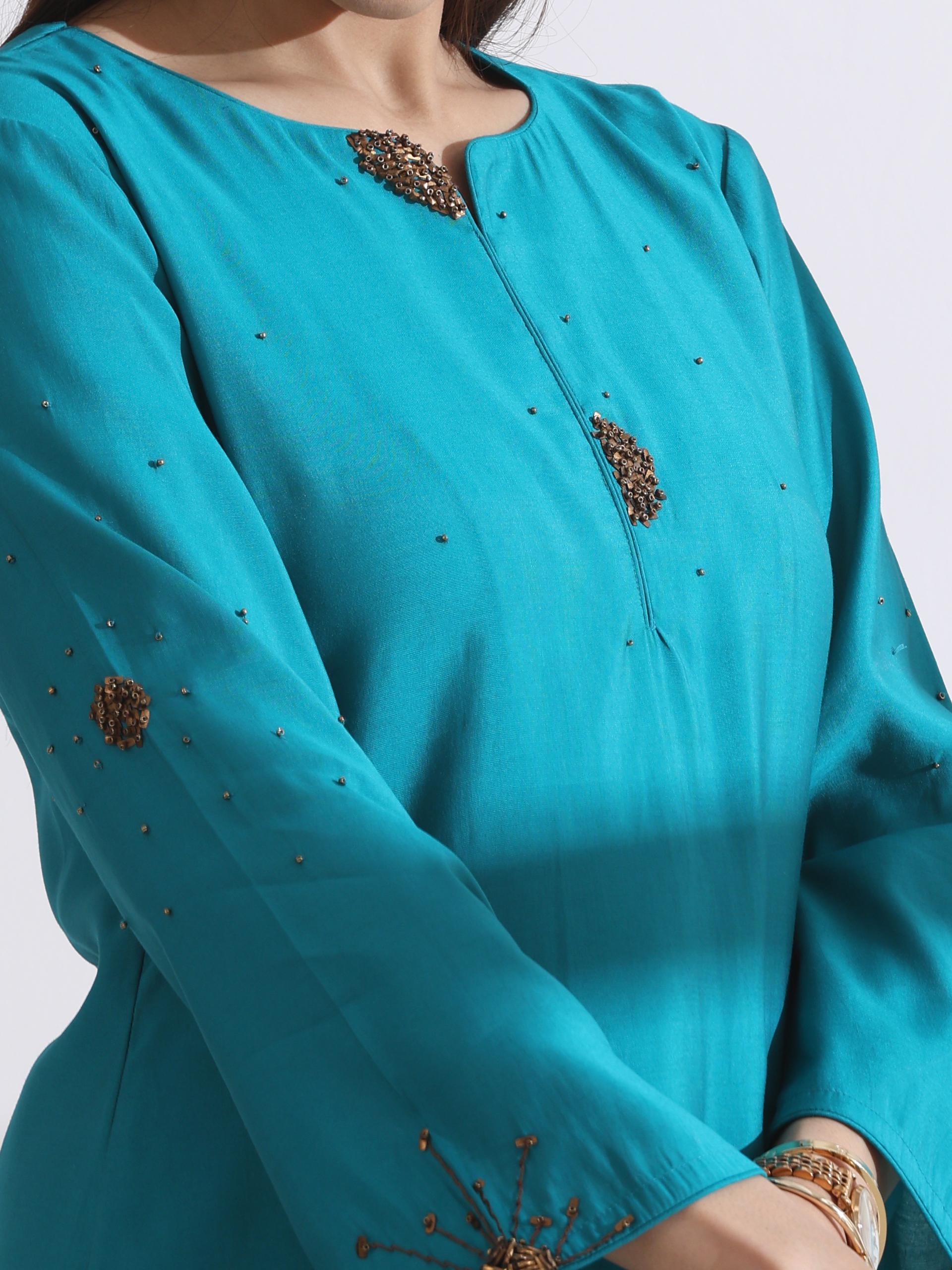 Women's Aqua Blue Short Kurta with Bronze Beads and Pants 2 Piece Set | Straight Fit, Round Neck, 3/4 Sleeves, Work Wear, (AirSkin Cotton Silk Blend)