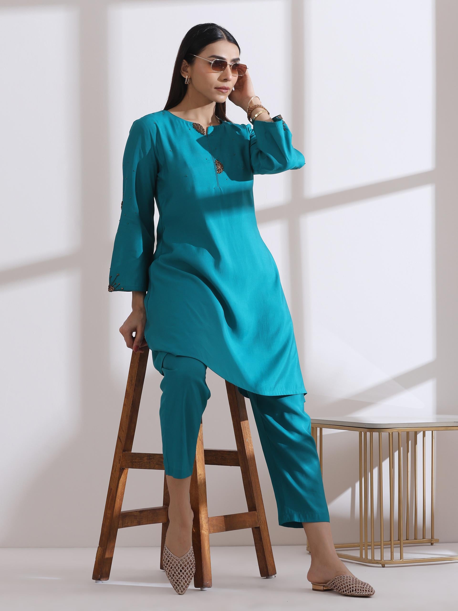 Women's Aqua Blue Short Kurta with Bronze Beads and Pants 2 Piece Set | Straight Fit, Round Neck, 3/4 Sleeves, Work Wear, (AirSkin Cotton Silk Blend)