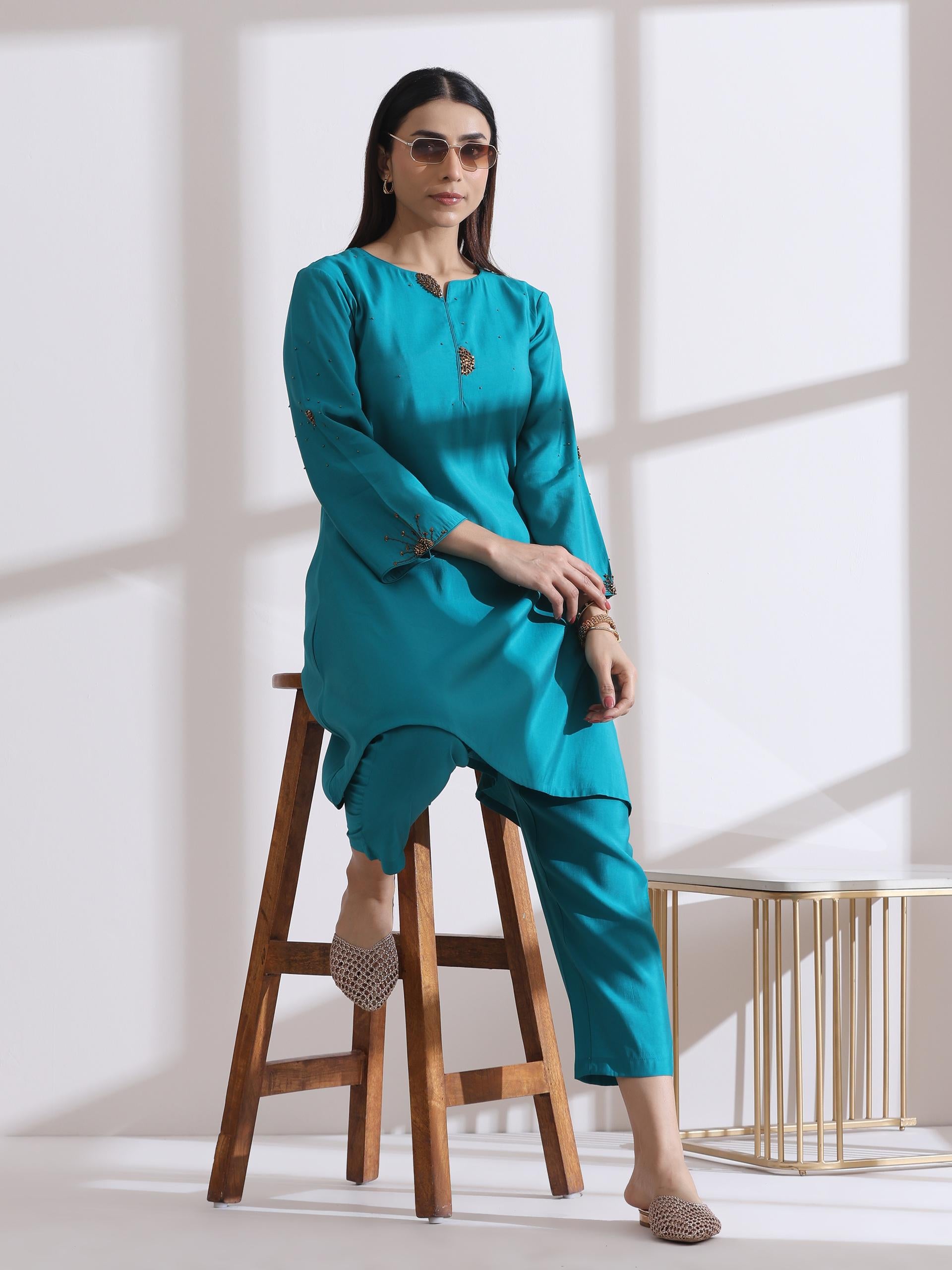 Women's Aqua Blue Short Kurta with Bronze Beads and Pants 2 Piece Set | Straight Fit, Round Neck, 3/4 Sleeves, Work Wear, (AirSkin Cotton Silk Blend)