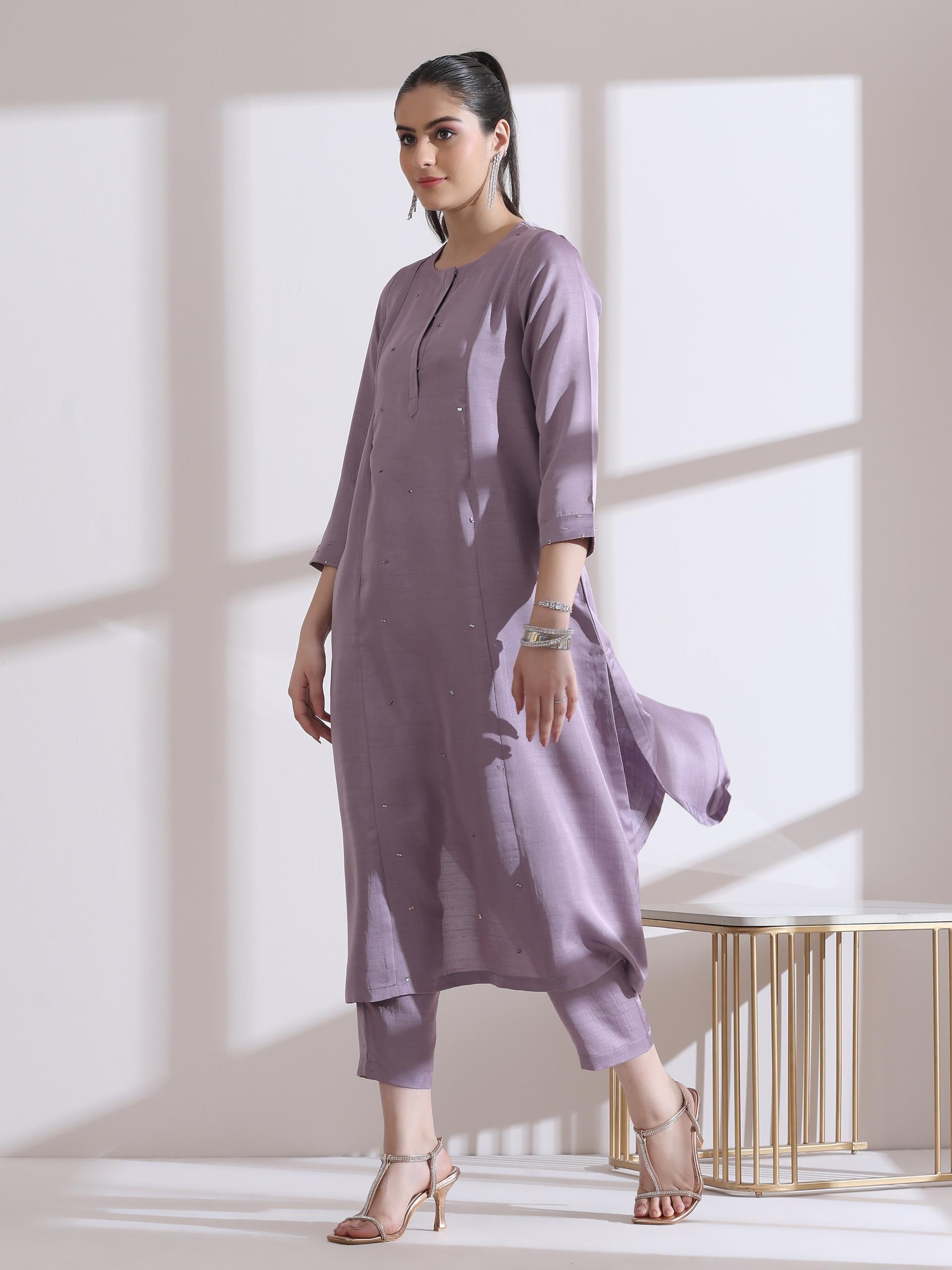 2 Pc Set - Prf'T Lux Lilac Beaded Kurta With Pants
